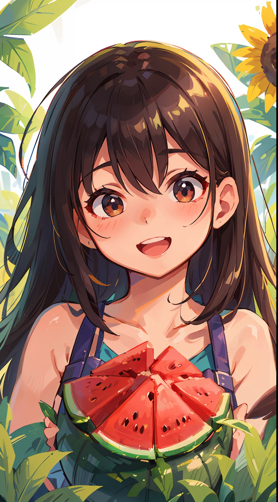 Girl, Watermelon, Happy, Summer, Perfect Quality, Clear Focus (Clutter - Home: 0.8), (Masterpiece: 1.2) (Realistic: 1.2) (Bokeh) (Best Quality) (Detailed Skin: 1.3) (Intricate Detail) (8K) (Detail Eye) (Sharp Focus), (Happy