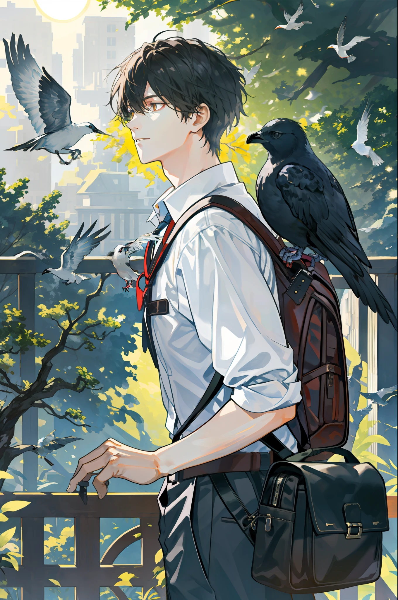 masterpiece, best quality, 1boy, male focus, handsome, residential area, fence, spindle trees, afternoon sun, the way home from school, school uniform, backpack, flock of birds, from directly side, depth of field