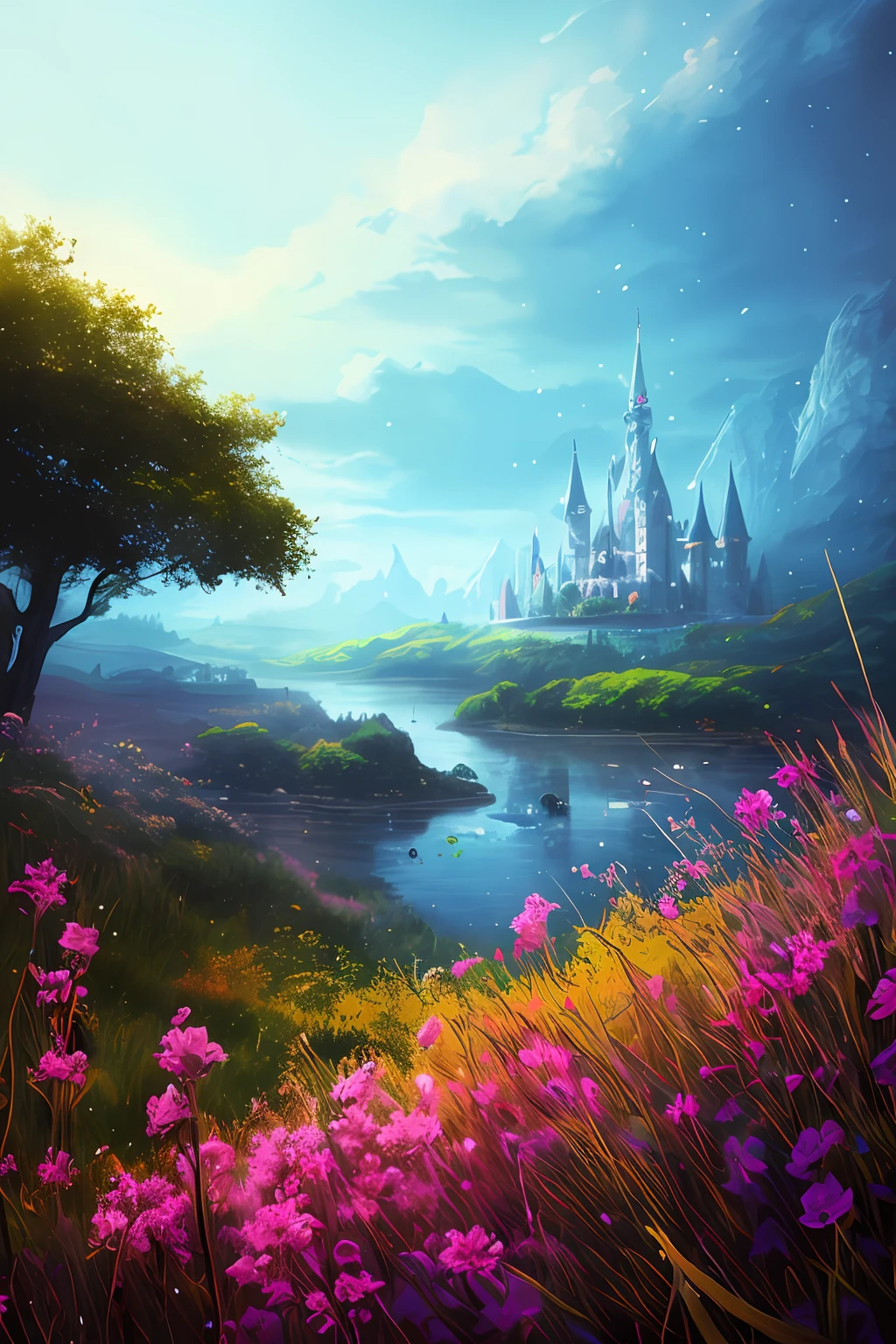 masterpiece, best quality, high quality,extremely detailed CG unity 8k wallpaper, castle, lake, An enchanting and dreamy scene of a fantasy forest, with towering trees, glowing mushrooms, and hidden fairy glens, creating a sense of mystique and enchantment, artstation, digital illustration, intricate, trending, pastel colors, oil paiting, award winning photography, Bokeh, Depth of Field, HDR, bloom, Chromatic Aberration ,Photorealistic,extremely detailed, trending on artstation, trending on CGsociety, Intricate, High Detail, dramatic, art by midjourney