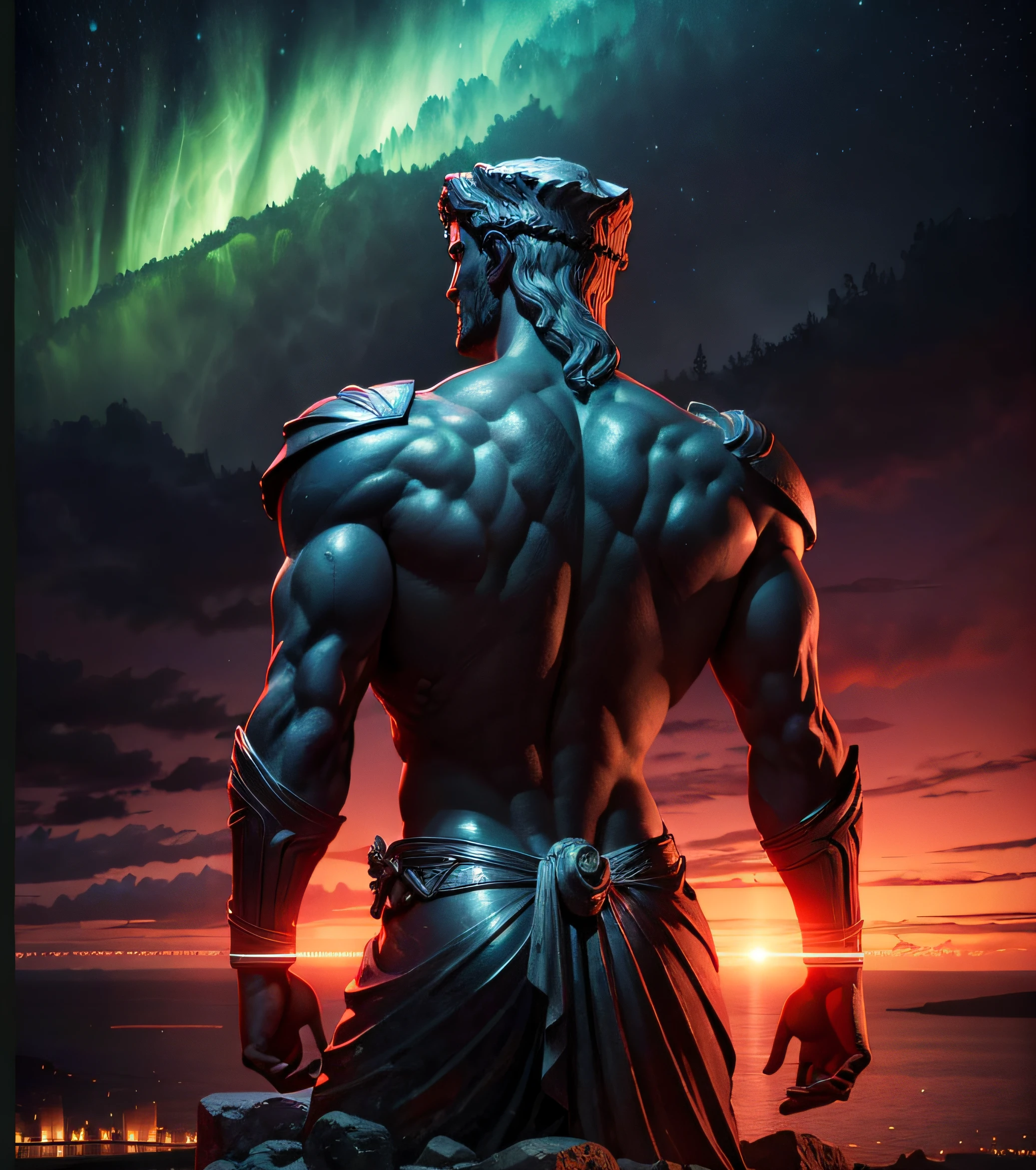 Greek hero statue, back pose, neon landscape