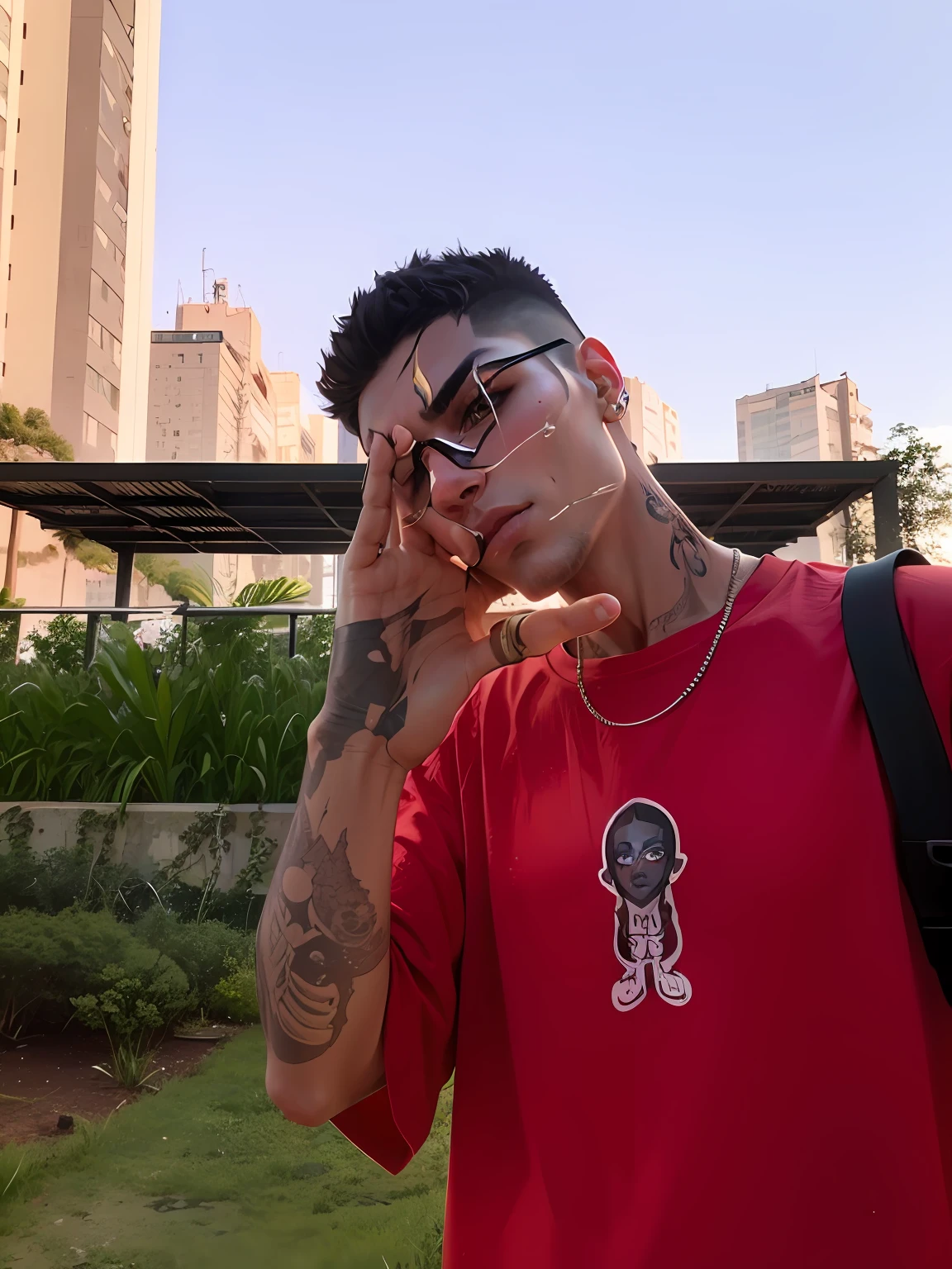 Cyberpunk style, hyper-realistic, futuristic, keep hair and original features of eyes, nose, mouth, eyebrows, skin tone, tattoos, keep male, look 21 years, leave identical to the original photo.