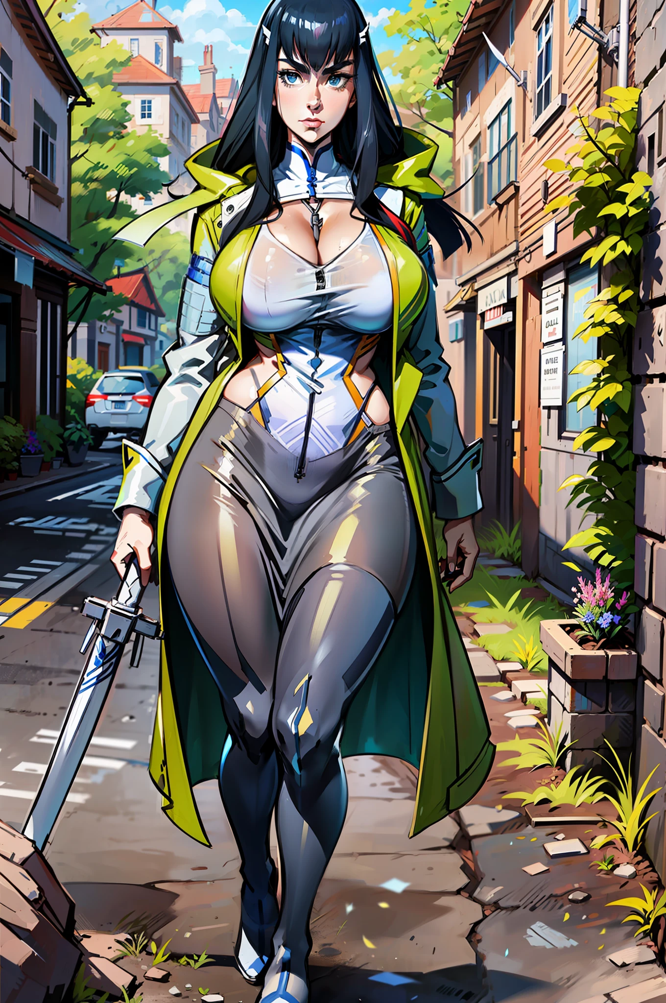 Satsuki Kiryuin, Satsuki Kiryuin from Kill-la-Kill, big breasts, voluminous breasts, curvy breasts, mesh stockings, standing with a katana, full height, bottom view, best quality, very detailed, ultra 8k resolution,huge breast, coat , vest, long skirt, portrait, full body, victorias clothing, long dress, knight, pants, black skinn suit, medieval city, plants, vest,polo shirt, forest, long skirt