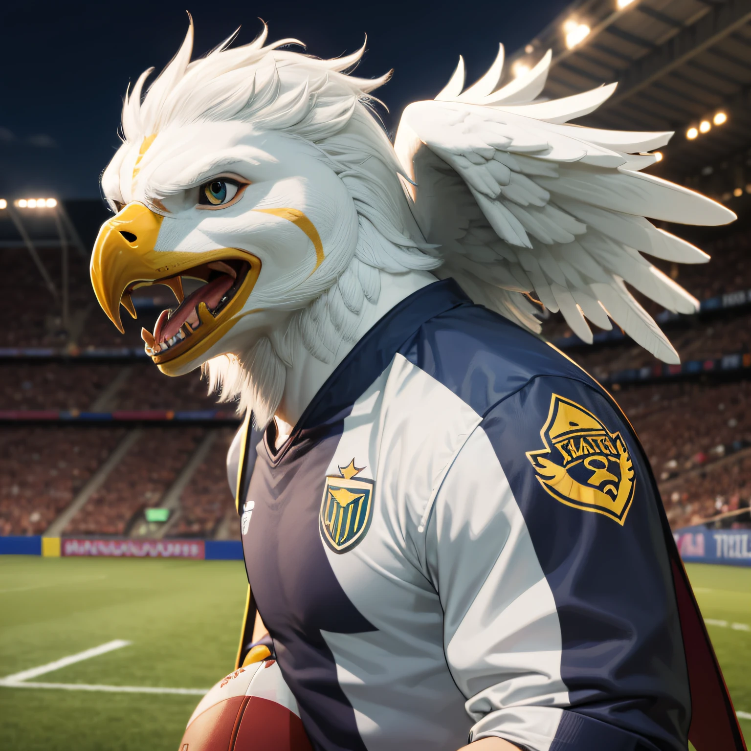 Create an anthropomorphic football mascot character, a white eagle, soccer player with an evil face.