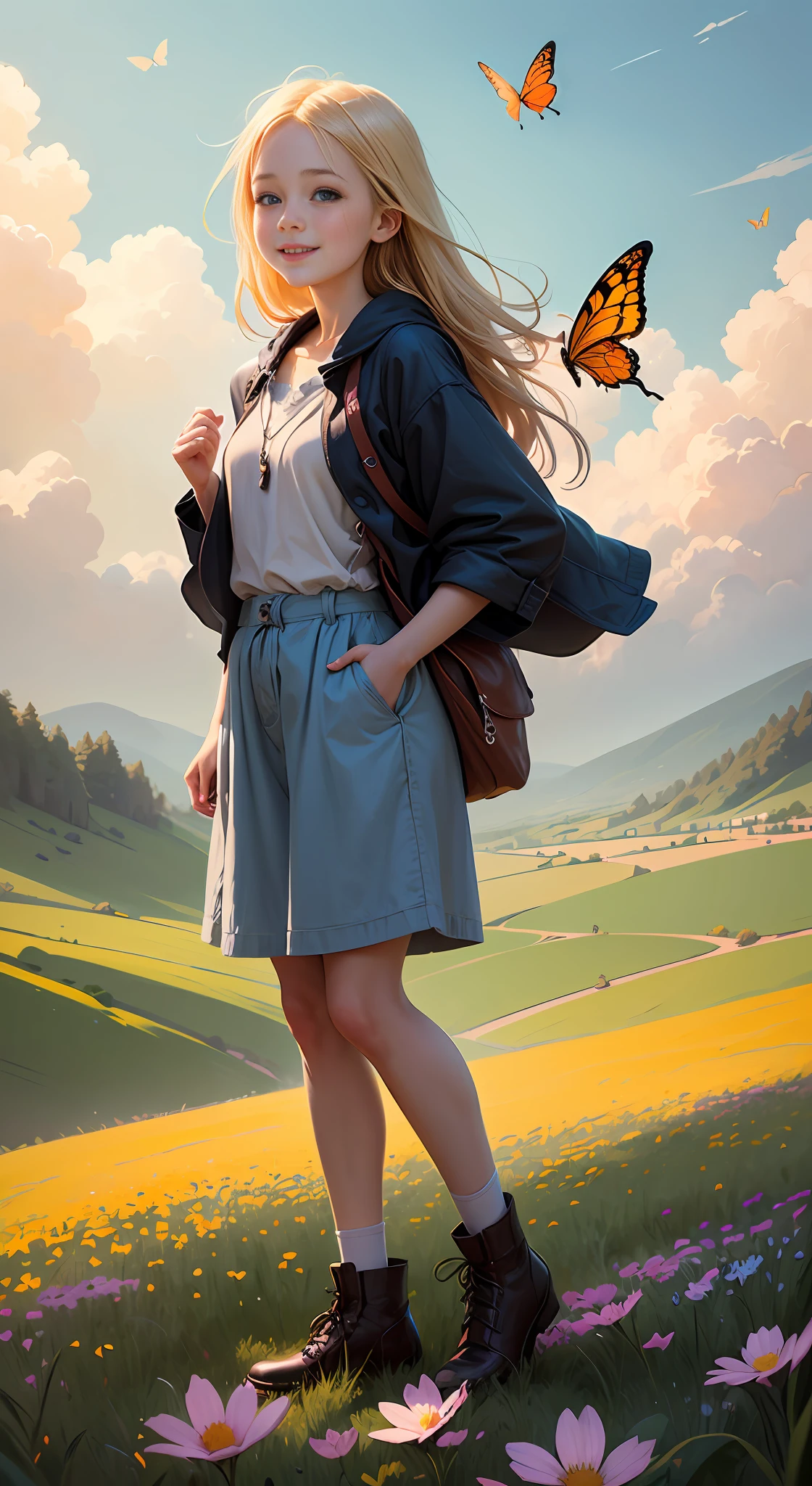 Illustration of a 10 year old blonde girl, "happy" in a field of flowers, blue sky of clouds, playing with butterflies, beautiful illustration, beautiful painting, beautiful UHD 4k art, beautiful art, a beautiful art illustration, art in the style of guweiz, beautiful painting, atey ghailan 8k, artgerm and atey ghailan, 10 year old blonde girl, happy in a field of flowers,  playing with butterflies, (butterflies). (best quality, masterpiece), 1girl, pose, particle, wind, flower, full body, garden background, looking at butterflies. --auto