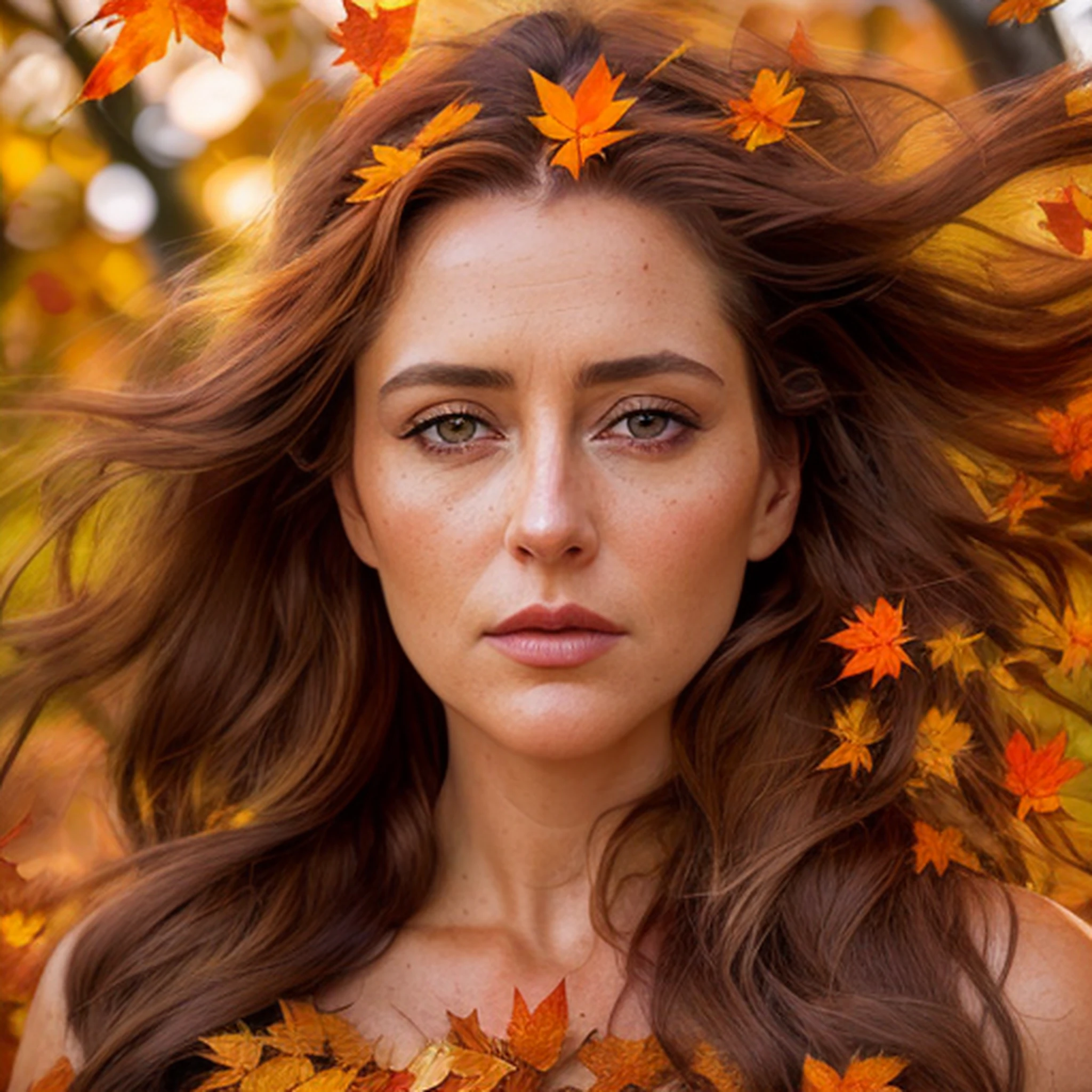 ((symmetrical brown eyes, symmetrical round brown iris membranes, symmetrical round black pupils, symmetrical shoulders)), ((closed mouth)), ((sunset in the background)), ((orange and brown many leaves in her hair)), ((orange and brown leaves on shoulders)), arafed 45 years old woman with brown long hair in a field of leaves, hair becoming autumn red leaves, face (Gillian Anderson), beautiful autumn spirit, leaf hair, autumn wind, orange and brown leaves for hair, ((dark brown flowing hair)), glowing flowing hair, goddess of autumn, flowing glowing hair, autumnal empress, autumn season, dark brown flowing hair, wind blowing leaves, autumn season, wind blowing leaves, brown flowing hair, fall season, flowing backlit hair, RAW, photograph, (masterpiece), ((photorealistic)), ((hyperrealistic)), highly detailed, highly detailed skin, porose skin, sharp focus, 8K, ultra quality, UHD, crystal clear, ((stunningly beautiful)), extremely detailed, cinematic lighting, dramatic lighting, wide angle, KODAK, Canon 5d