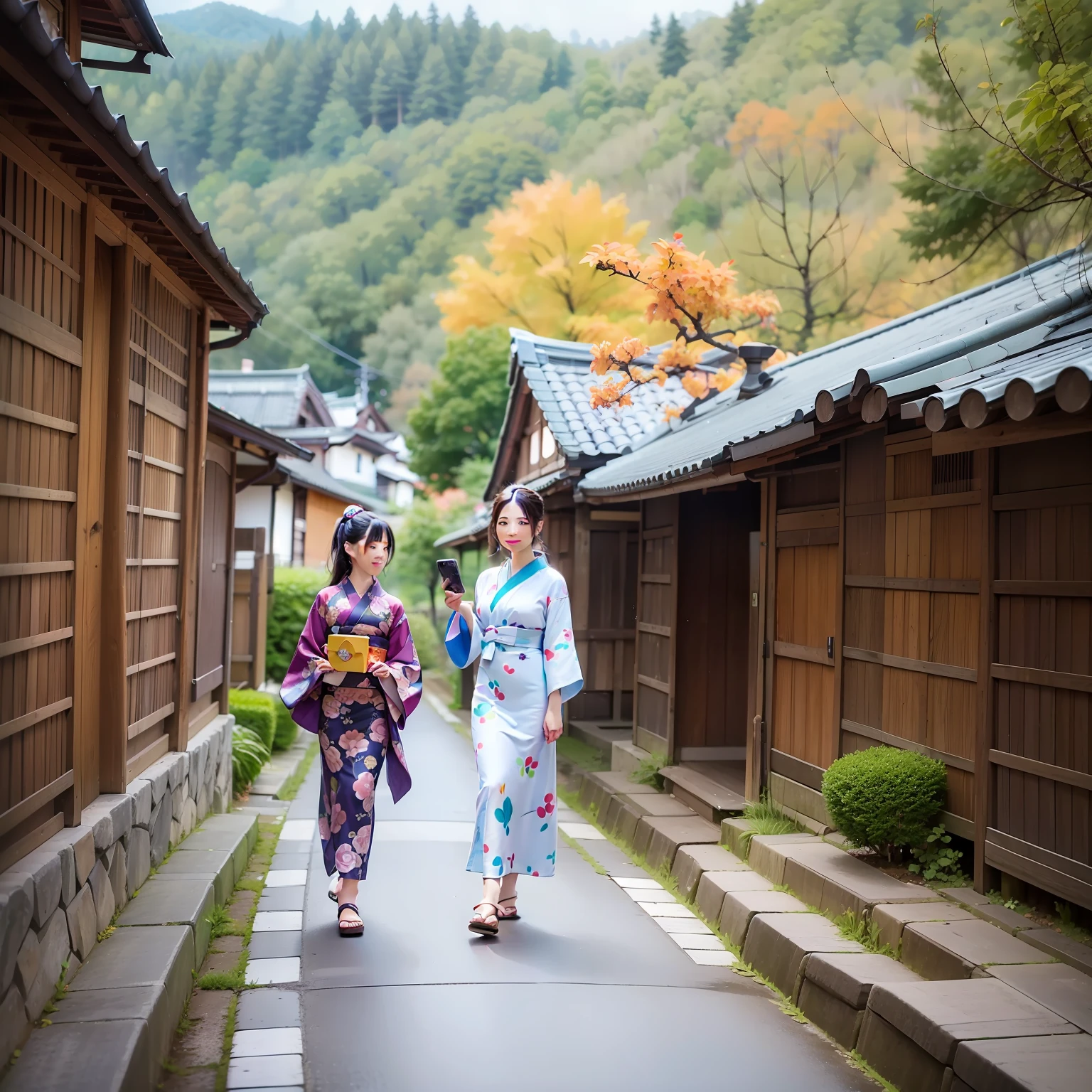 Japan young girl (N) in a blue kimono and a young Russian girl (M) in a purple kimono with lots of Sanrio characters printed on them are taking selfies in a rural village in Nara Prefecture, Japan. Japan girl (n) puts her hands on the waist of a Russian girl (m). Behind them are high mountains and blue skies, and in the distance you can see mountains and lush green fields. Japan girl (n) wears a blue kimono and a Russian girl (m) wears a purple kimono. Also, the Russian girl (m) wears round glasses, has brown hair and a rather face-length face, and above the eyes there are eyebrows. In Chiaroscuro, there are buildings and their real afternoon shadows. Shadows created by sunlight