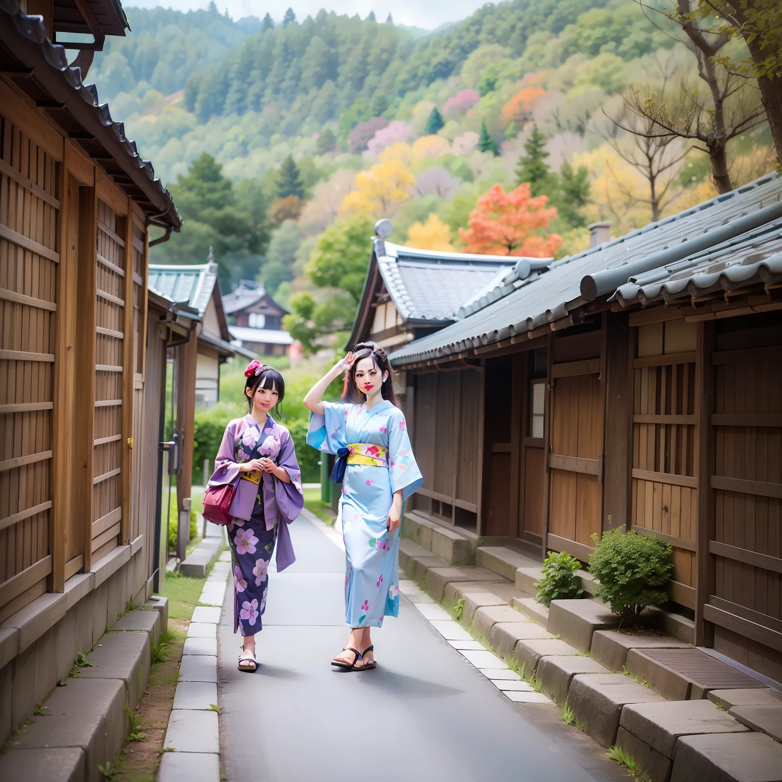 Japan young girl (N) in a blue kimono and a young Russian girl (M) in a purple kimono with lots of Sanrio characters printed on them are taking selfies in a rural village in Nara Prefecture, Japan. Japan girl (n) puts her hands on the waist of a Russian girl (m). Behind them are high mountains and blue skies, and in the distance you can see mountains and lush green fields. Japan girl (n) wears a blue kimono and a Russian girl (m) wears a purple kimono. Also, the Russian girl (m) wears round glasses, has brown hair and a rather face-length face, and above the eyes there are eyebrows. In Chiaroscuro, there are buildings and their real afternoon shadows. Shadows created by sunlight