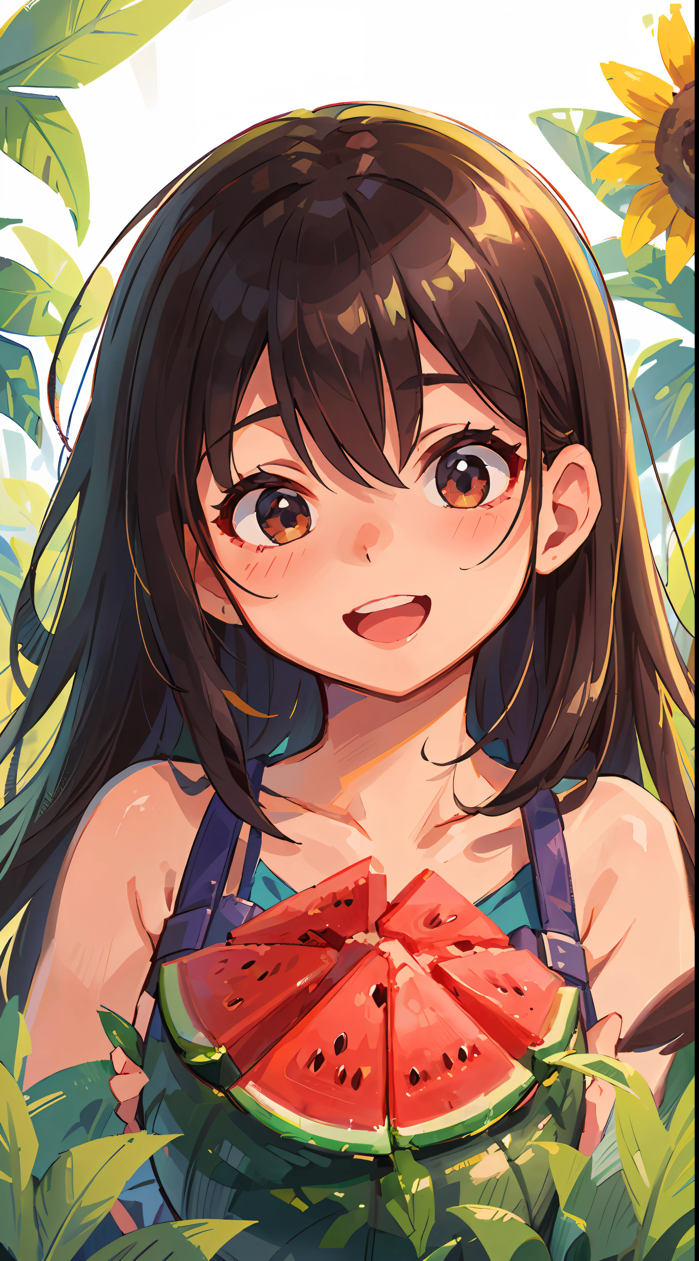 Girl, Watermelon, Happy, Summer, Perfect Quality, Clear Focus (Clutter - Home: 0.8), (Masterpiece: 1.2) (Realistic: 1.2) (Bokeh) (Best Quality) (Detailed Skin: 1.3) (Intricate Detail) (8K) (Detail Eye) (Sharp Focus), (Happy