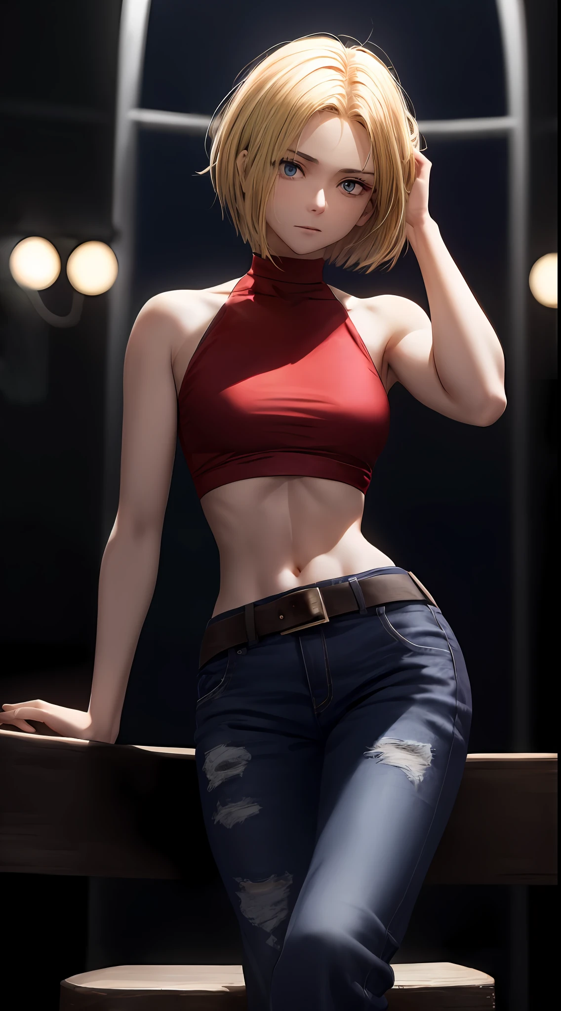 Thunderbolt, Maryms Works, Best Picture Quality, Big Eyes, Small Breasts, Thin Waist, Night, Brightened Skin, Puffy Eyes, Firm Expression, Red Top, Jeans, Facing the Audience, Hands Wrapped in Head