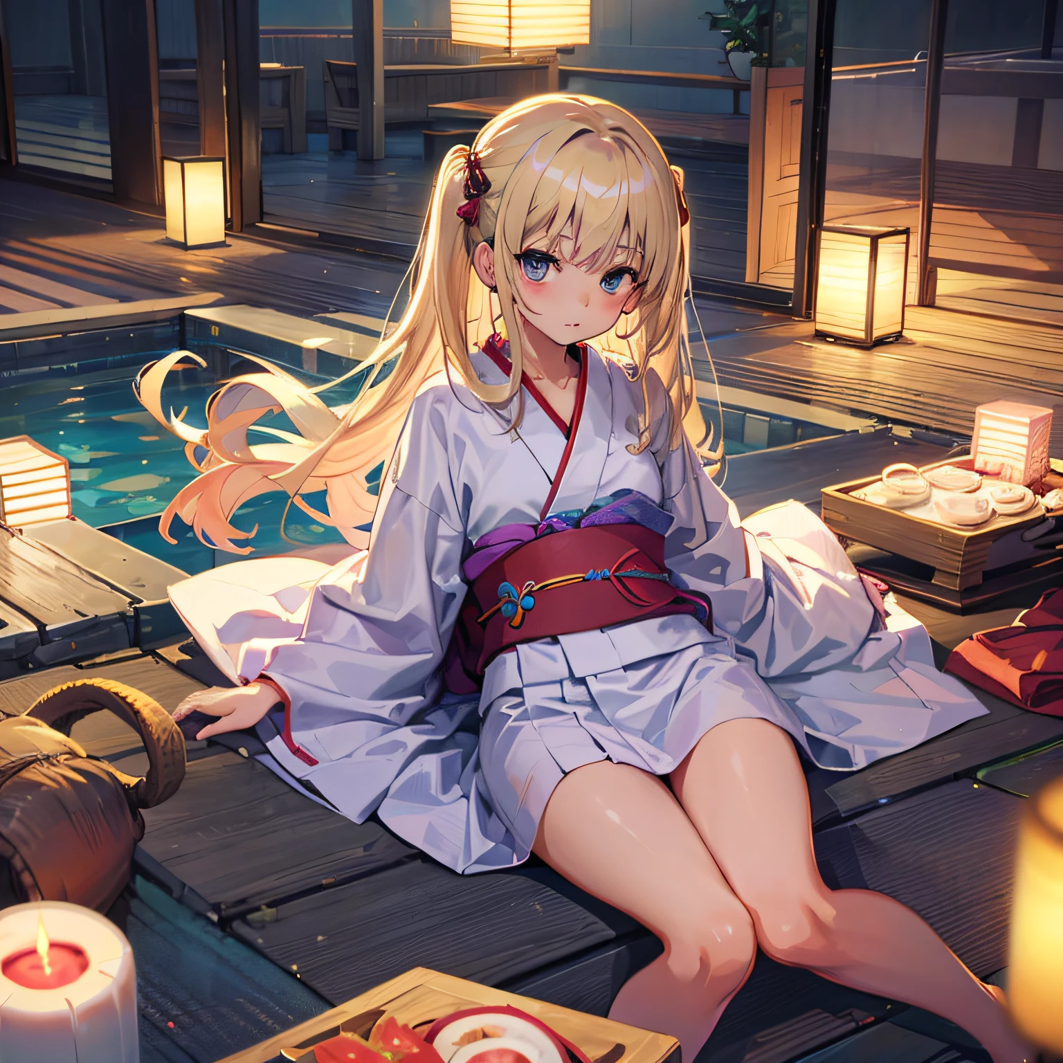 anime girl sitting on a deck with a plate of food, anime style 4 k, splash art anime loli, guweiz on pixiv artstation, guweiz on artstation pixiv, artwork in the style of guweiz, in a kimono, blonde anime girl with long hair, smooth anime cg art, ayaka genshin impact, rin