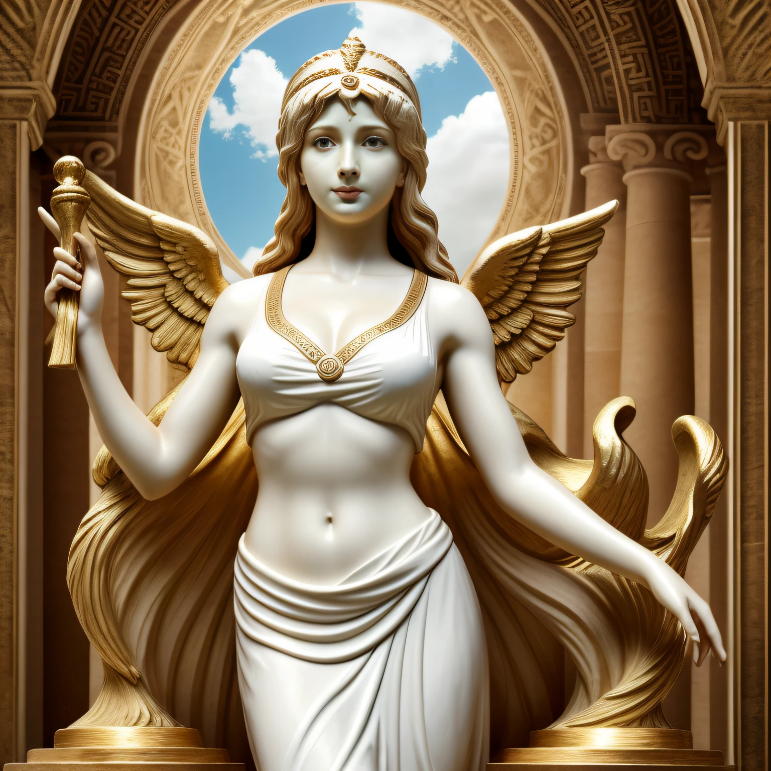 Aphrodite, white dress like Greek goddess, female alafed statue, two arms, two legs, mysterious universe background, goddess of love, Greek goddess of love and peace, goddess of Venus, goddess of light, goddess of Hestia, beautiful goddess, Greek goddess, goddess of wisdom, Greek goddess Athena, holy goddess, Only one person