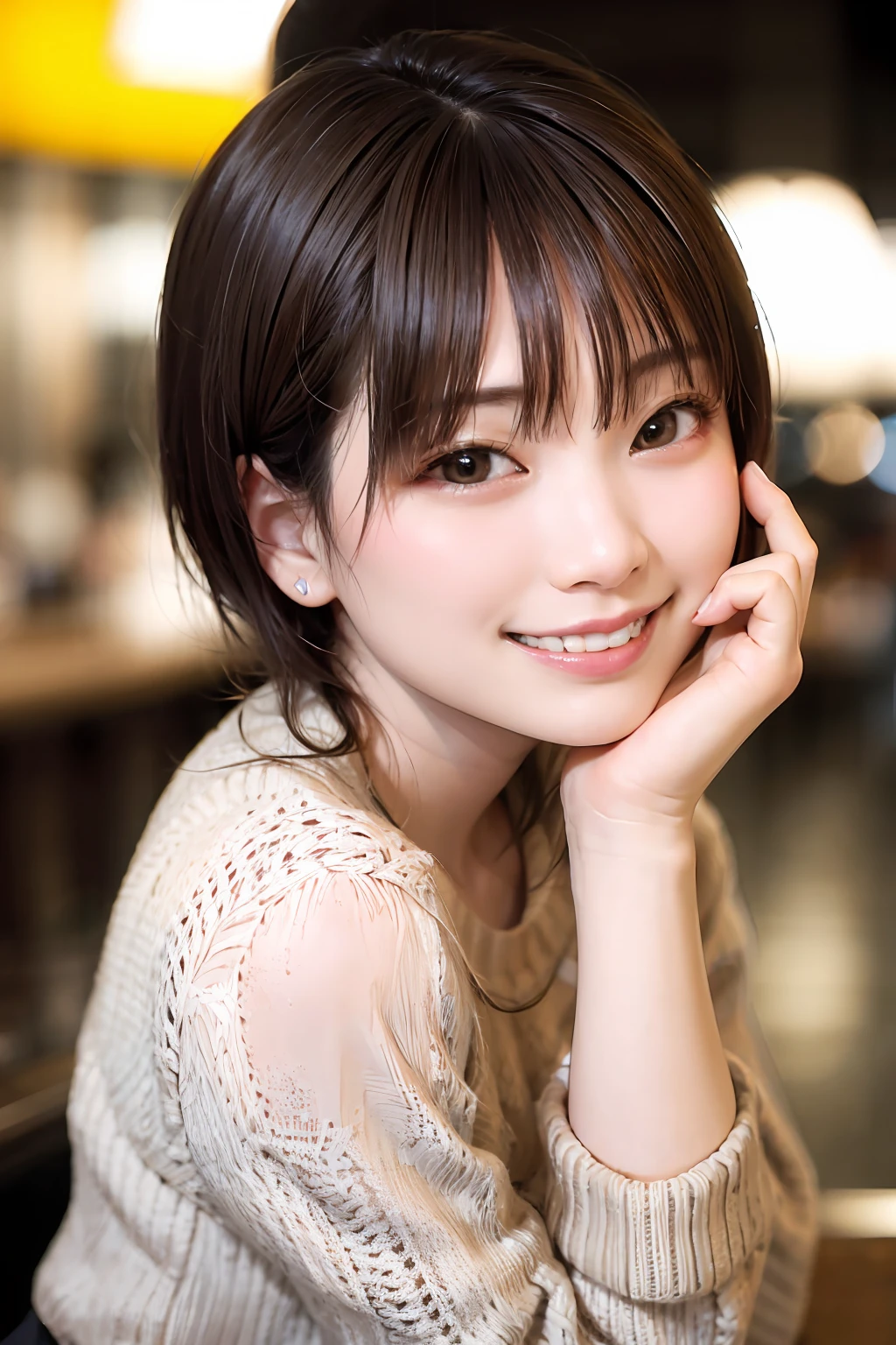 Japan girl in casual clothes on the streets of Tokyo, looking at the viewer, posing with a smile (highest quality, masterpiece))), high resolution, very detailed, masterpiece, cinematic lighting, (8K, highest quality, masterpiece: 1.2), (realistic, photorealistic: 1.37) Hi-Res, Super Detail, 1 Girl , Woman with Glasses, Asian, Cute, Cute Face, Solo, Short Hair 1.2, textured skin, beautiful smile, beautiful detailed sky, detailed café, night, movie lighting, depth of field, lens flare light, sitting, dating, (blushing nose), (smile: 1.15), small breasts (mouth closed), eyes with beautiful details, (sweater: 1.1), night, (short hair: 1.2), floating hair Nova Frog style,