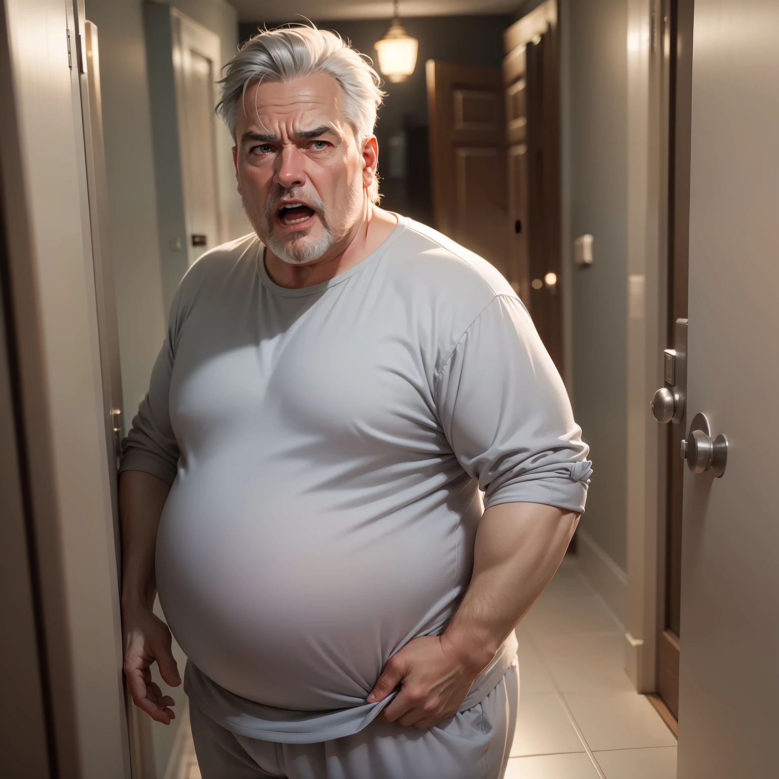 Ultra realistic image of a middle-aged man, gray hair and with entrances, chubby in his belly, dressed in pajamas, standing in a dark hallway of his house and at night, screaming