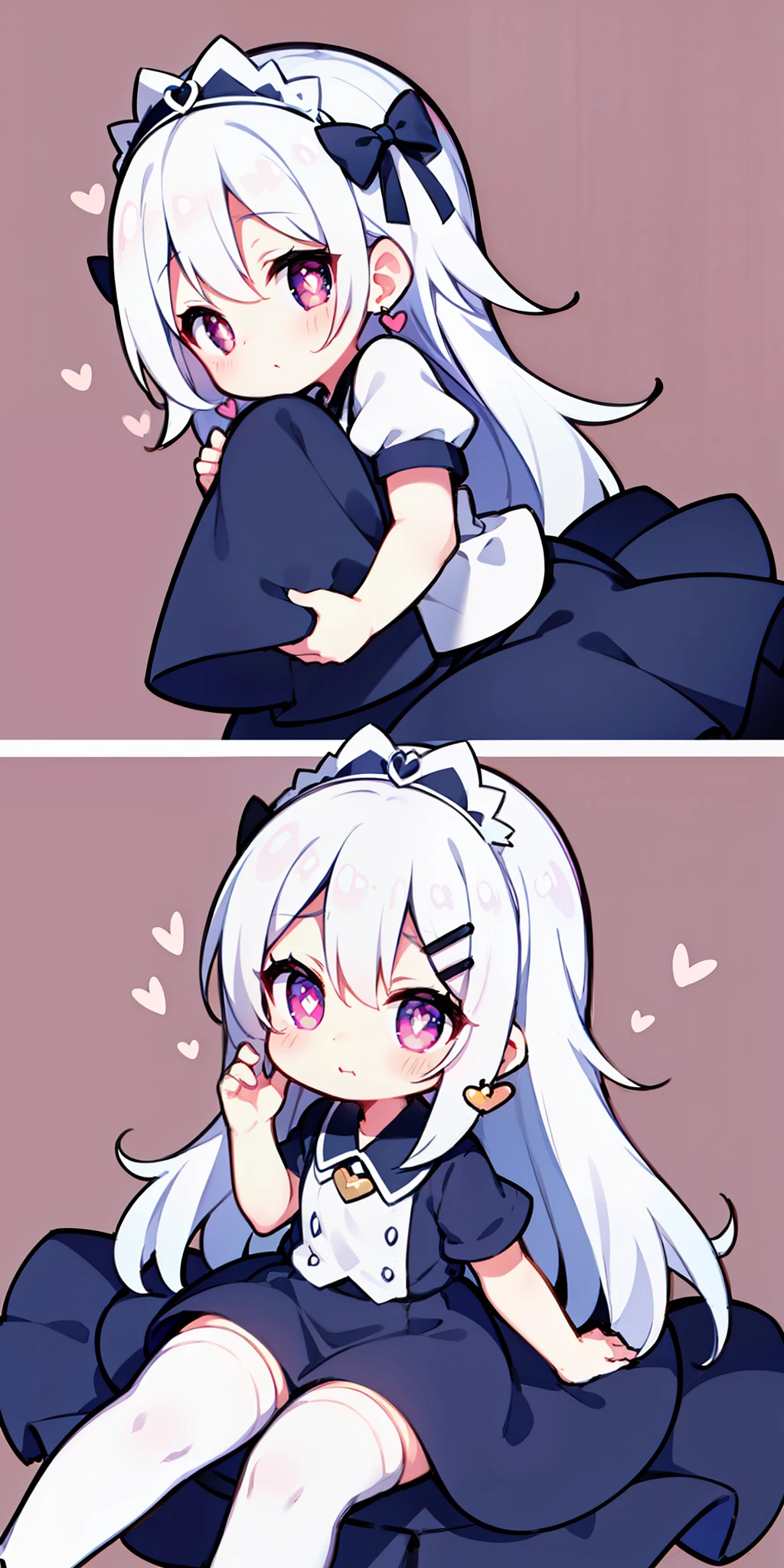 Long hair, cute, white stockings, high quality, white hair, heart-shaped pupils, hair accessories, earrings, bows, short sleeves, hairpins, cute, young, shy