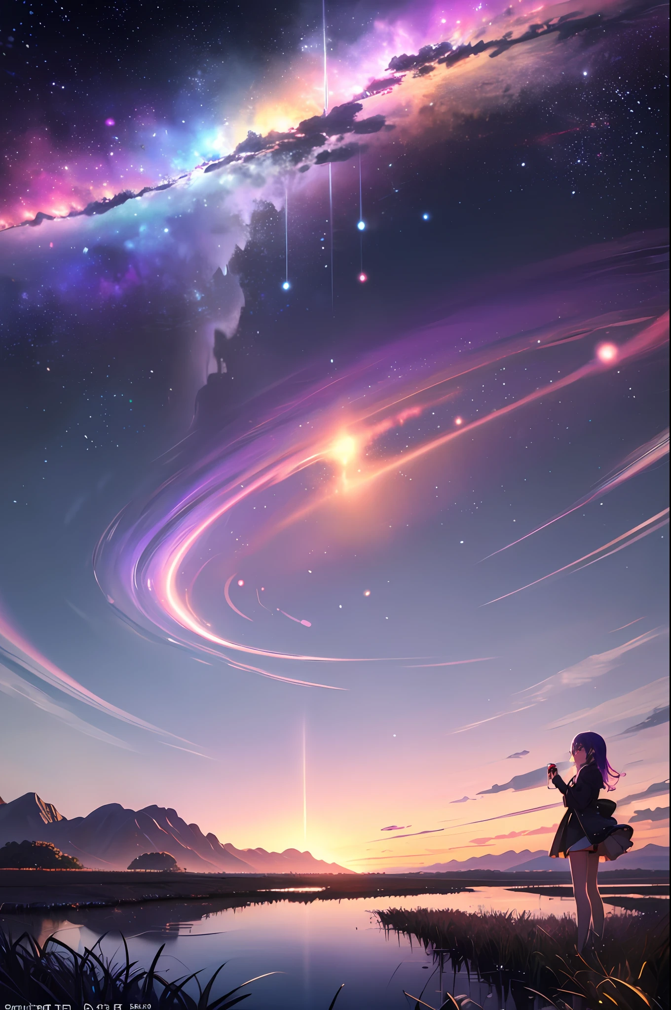 absurdity, high definition, (official art, beauty and aesthetics: 1.2),
1 girl, purple hair, middle hair, purple crystal eyes, shiny eyes,
purple sky, glittering galaxies, (Uyuni salt marsh: 1.2),
(Surrealism: 1.15), (fractal art: 0.3),
Water effect, ripple effect, (flower effect: 0.65), light effect, 8K wallpaper,