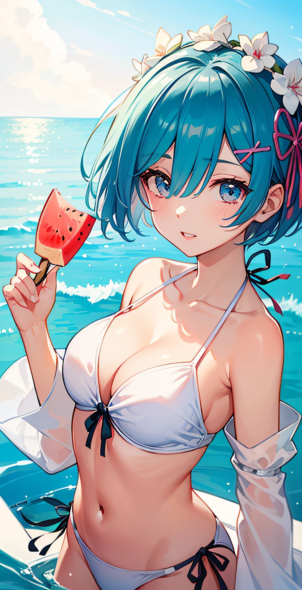 masterpiece, best quality;1.3), ultra detailed, ooking at viewer, rem_re_zero, Facial close-up,blue hair, short hair, hair ornament, cleavage, detached sleeves, masterpiece, top quality, best quality, 1 , swimsuit party, in the water,fish,watermelon,cute style, perfect structure, summer theme,(White yarn bikini:1.2),Hand held ice cream,