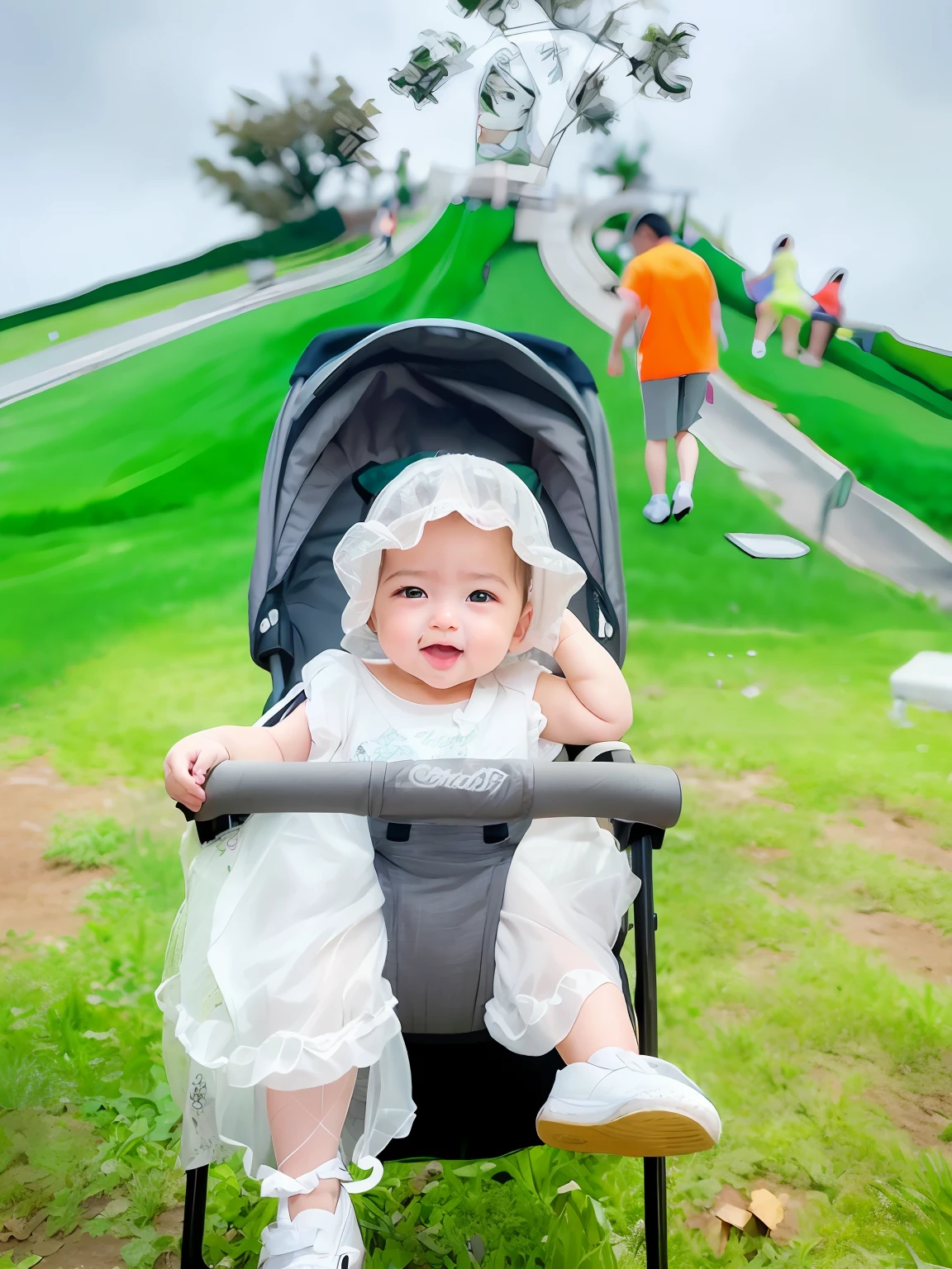 there is a sitting in a stroller in a park, at a park, with a park in the background, walking at the park, park in background, 🤬 🤮 💕 🎀, at the park, on a sunny day, tiny girl looking on, in a park, crawling towards the camera, portrait image, on a green hill, sangyeob park