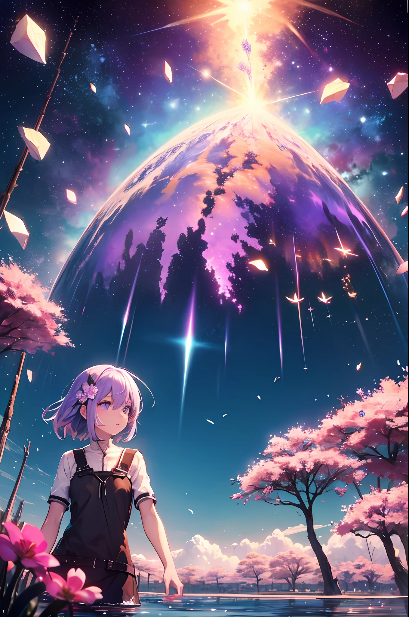 absurdity, high definition, (official art, beauty and aesthetics: 1.2),
1 girl, purple hair, middle hair, purple crystal eyes, shiny eyes,
purple sky, glittering galaxies, (Uyuni salt marsh: 1.2),
(Surrealism: 1.15), (fractal art: 0.3),
Water effect, ripple effect, (flower effect: 0.65), light effect, 8K wallpaper,