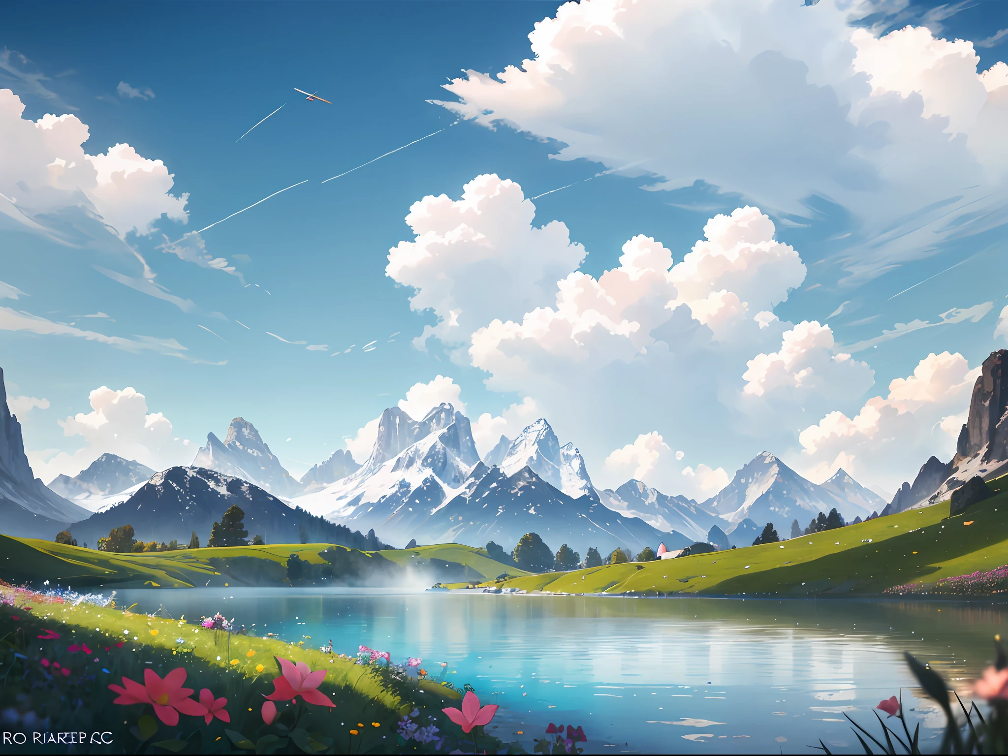 Summer, meadows, few small flowers, clear lakes, sheep, heaven, large clouds, blue sky, hot weather, HD detail, wet watermark, hyper-detail, cinematic, surrealism, soft light, deep field focus bokeh, distant view is snowy mountains, ray tracing, and surrealism. --v6