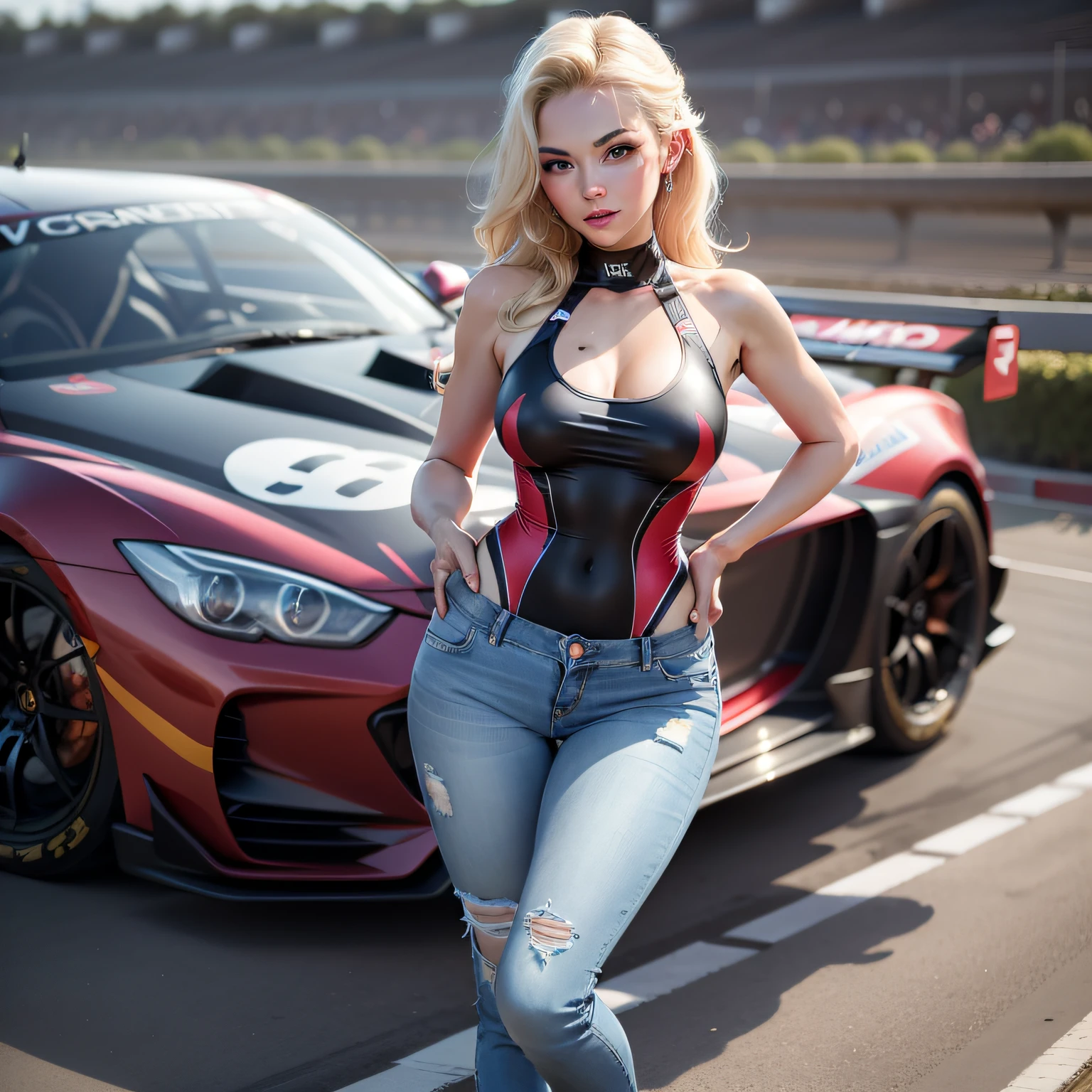 European beauty, woman, blonde, open legs, one-piece swimsuit, jeans, at the race track