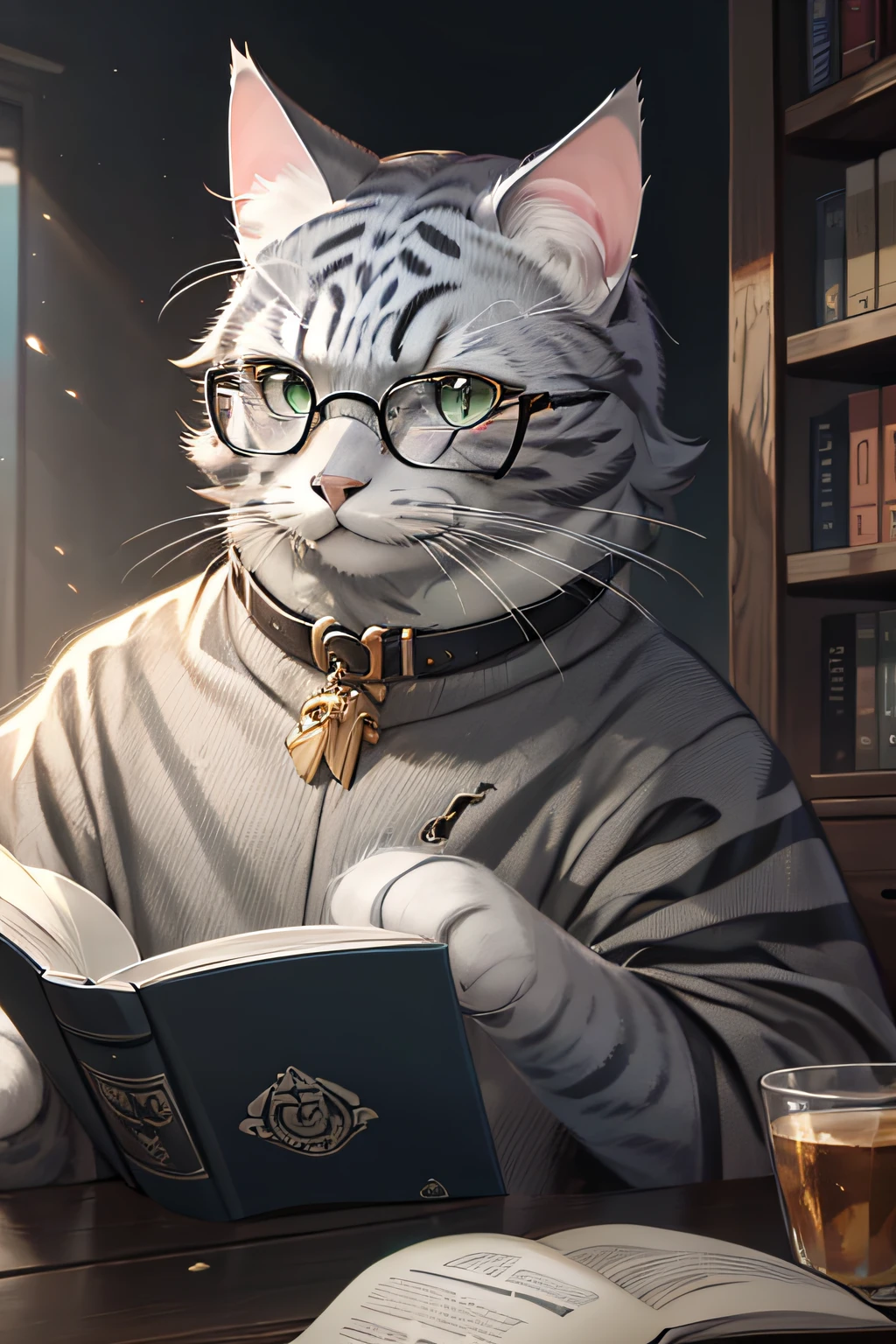 Masterpiece, high quality, best quality, beautiful, HD, perfect lighting, ((gray cat)), gray, (young), no gray beard, (black glasses), reading a book, at a c4ttitude party,