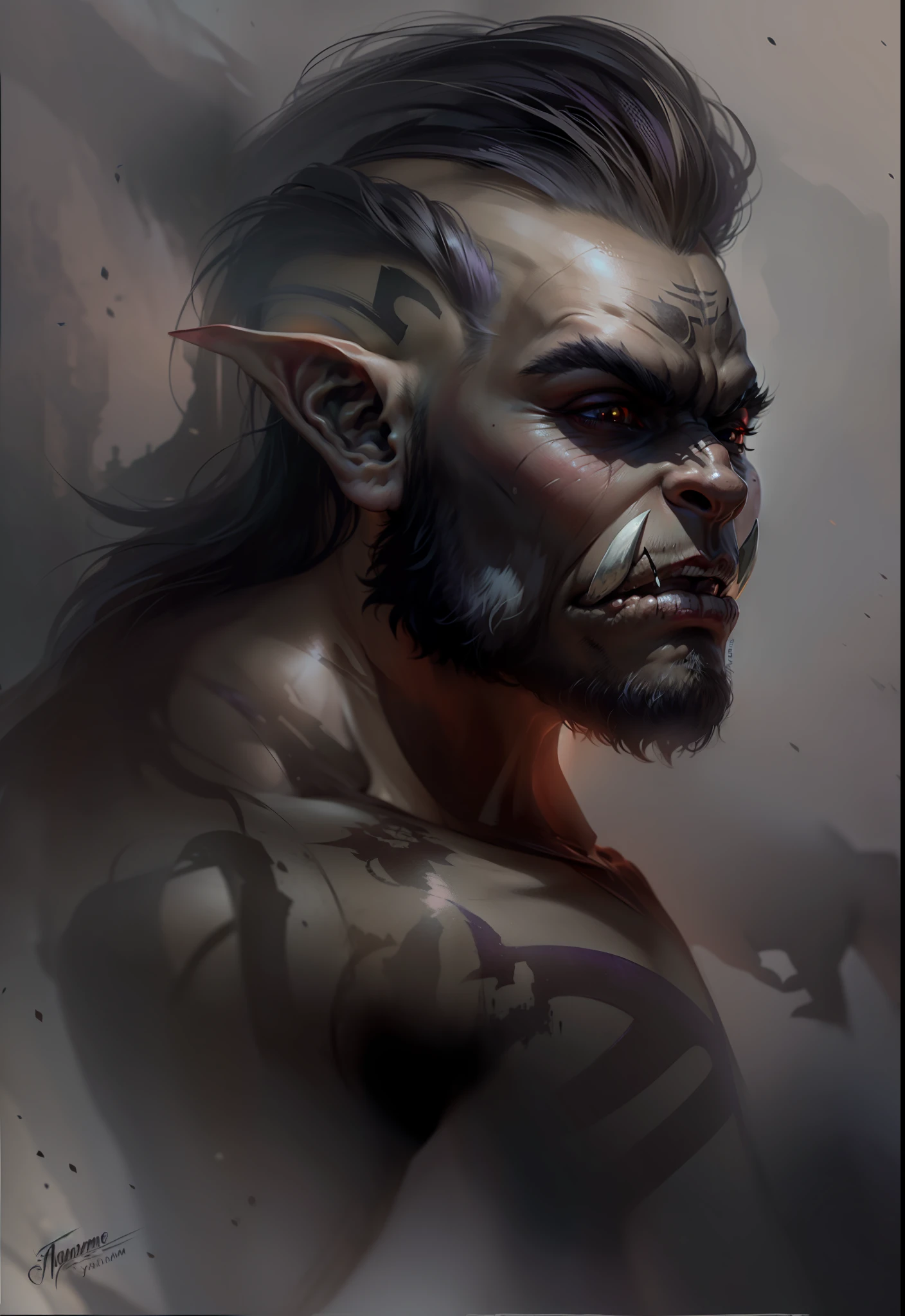 Orc symbaroum, dark purple tattoo.