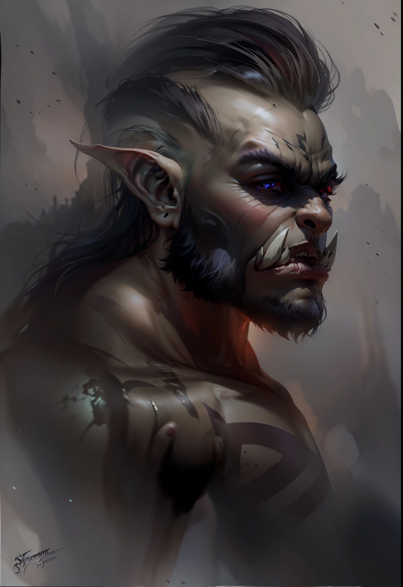 Orc symbaroum, dark purple tattoo.