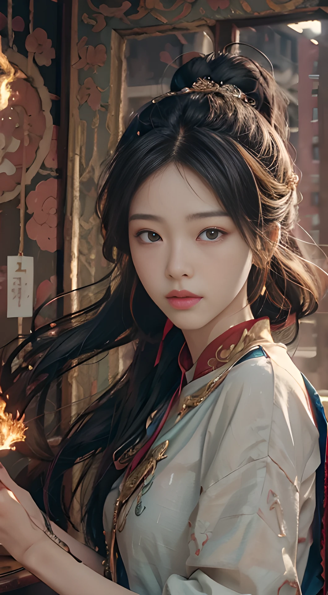 (RAW photo, best quality), (realistic, photo-realistic:1.3), best quality, highly detailed, masterpiece, ultra-detailed, illustration, 1girl, upper_body, beauty, world mastery theater, messy_long_hair,best quality, extremely detailed CG unity 8k壁纸,墨水,惊人,电影灯光,lens_flare,dunhuang_style