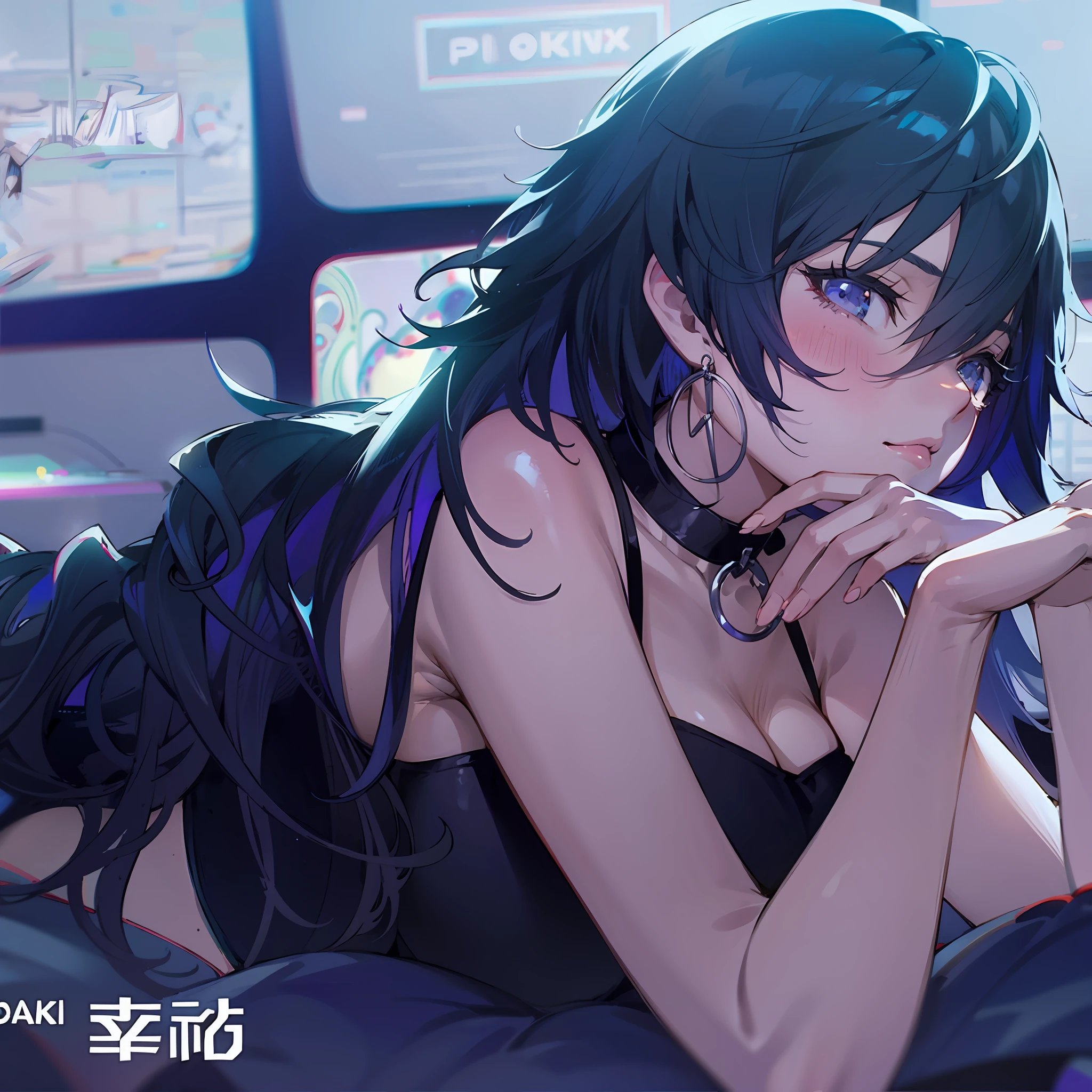 Anime girl lying on bed with hands on chin, Guvitz style artwork, anime style 4 K, Guvitz, Guwiz on pixiv art station, digital anime illustration, seductive anime girl, trend of art station PIXIV, digital anime art, detailed digital anime art, 4K anime wallpaper, trends on cgstation, big breasts, japanese goddess