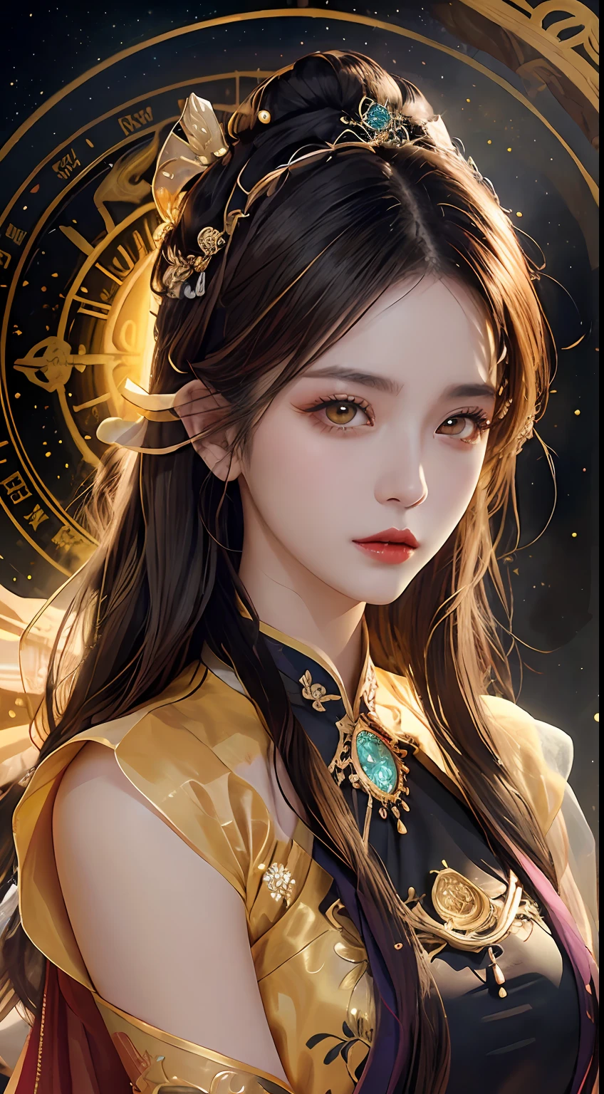 1 27-year-old girl, 1 zodiac goddess from the future, goddess of the pink and purple 12 zodiacs, the goddess of the zodiac in a yellow ao dai, a 12 zodiac ao dai with many black lace detail, mythology Goddess of the 12 zodiacs from the future, zodiac ♏, luxurious glittering zodiac style, dark and mysterious version, zodiac crown, lipstick lips red, thin and beautiful lips, Smile makes viewers fall in love, characters made by karol bak and pino daeni, intricate detail, detailed background, extremely detailed, light magic, a woman, clear face, look at the face of goddess zodialook at the zodiac goddess face, hair long with bangs, beautiful face in detail and well-proportioned eyes, (transparent yellow eyes: 1.8), big round eyes and very beautiful and detailed makeup, foresight, silk dress, mysterious makeup, double bangs and dyed light blonde, uper body, zodiac goddess uper body, arms hanging loosely, Realistic and vivid photo, (stars make up the zodiac: 1.7), (sky background zodiac and fictitious space and time portal: 1.8), fiction art, RAW photo, hanfu picture, best photo, best photo quality, 8k quality, 8k ultra, super realistic, real photo most economical, artistic portrait of goddess zodiac,