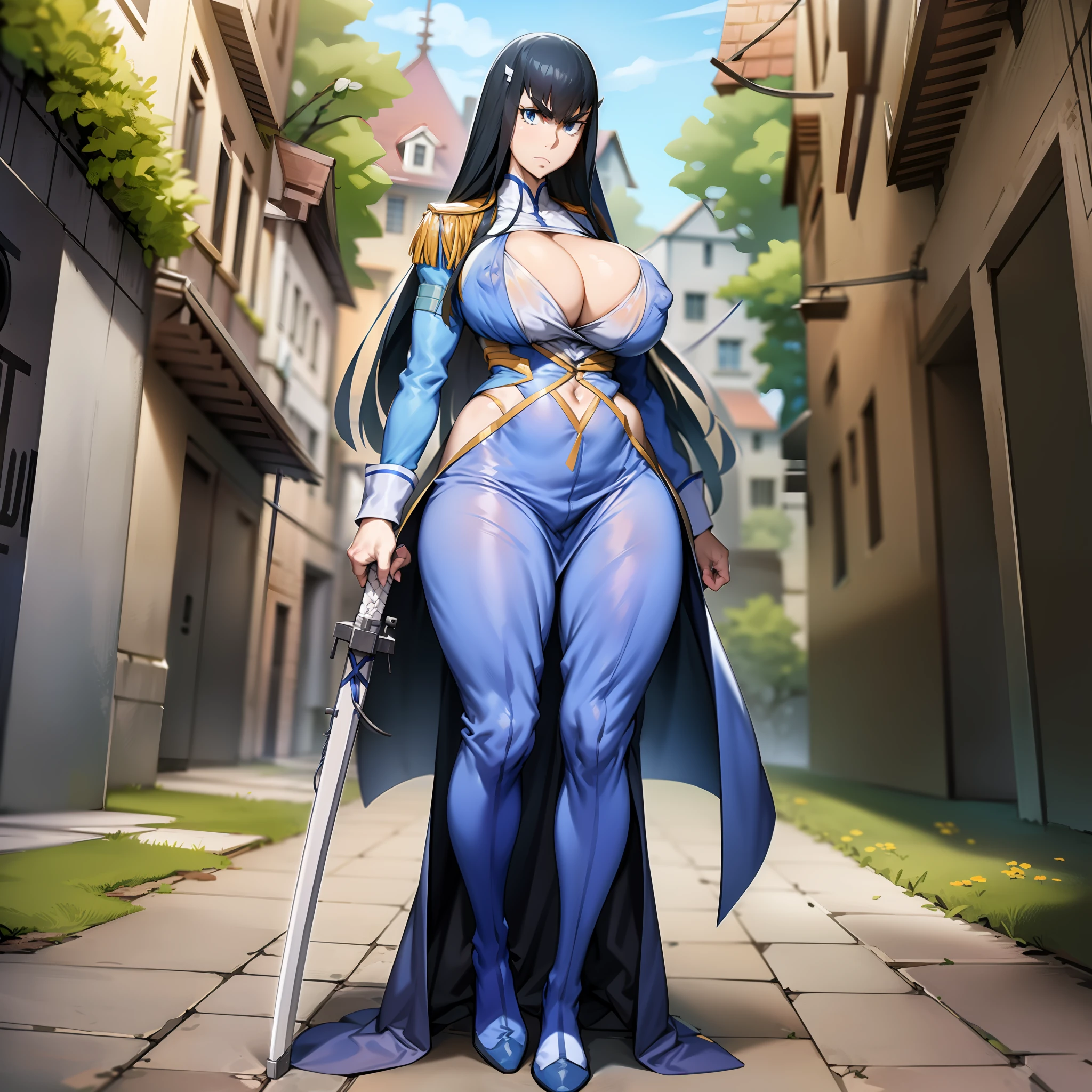 Satsuki Kiryuin, Satsuki Kiryuin from Kill-la-Kill, big breasts, voluminous breasts, curvy breasts, mesh stockings, standing with a katana, full height, bottom view, best quality, very detailed, ultra 8k resolution,huge breast, coat , vest, long skirt, portrait, full body, victorias clothing, long dress, knight, pants, black skinn suit, medieval city, plants, vest,polo shirt, forest, long skirt