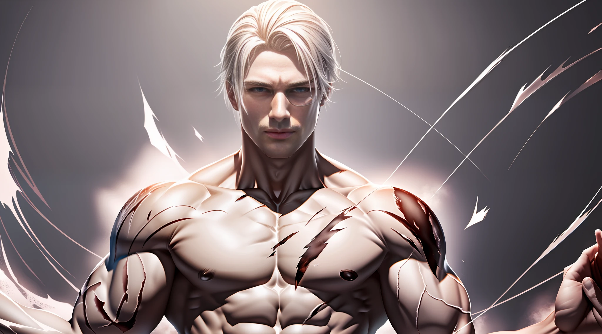 muscular male body, seriously injured, long pale scars, white skin, high quality, masterpiece, expressionless,ultra high res,detailed background, Stable chromaticity, Medium Saturation, full HD.
