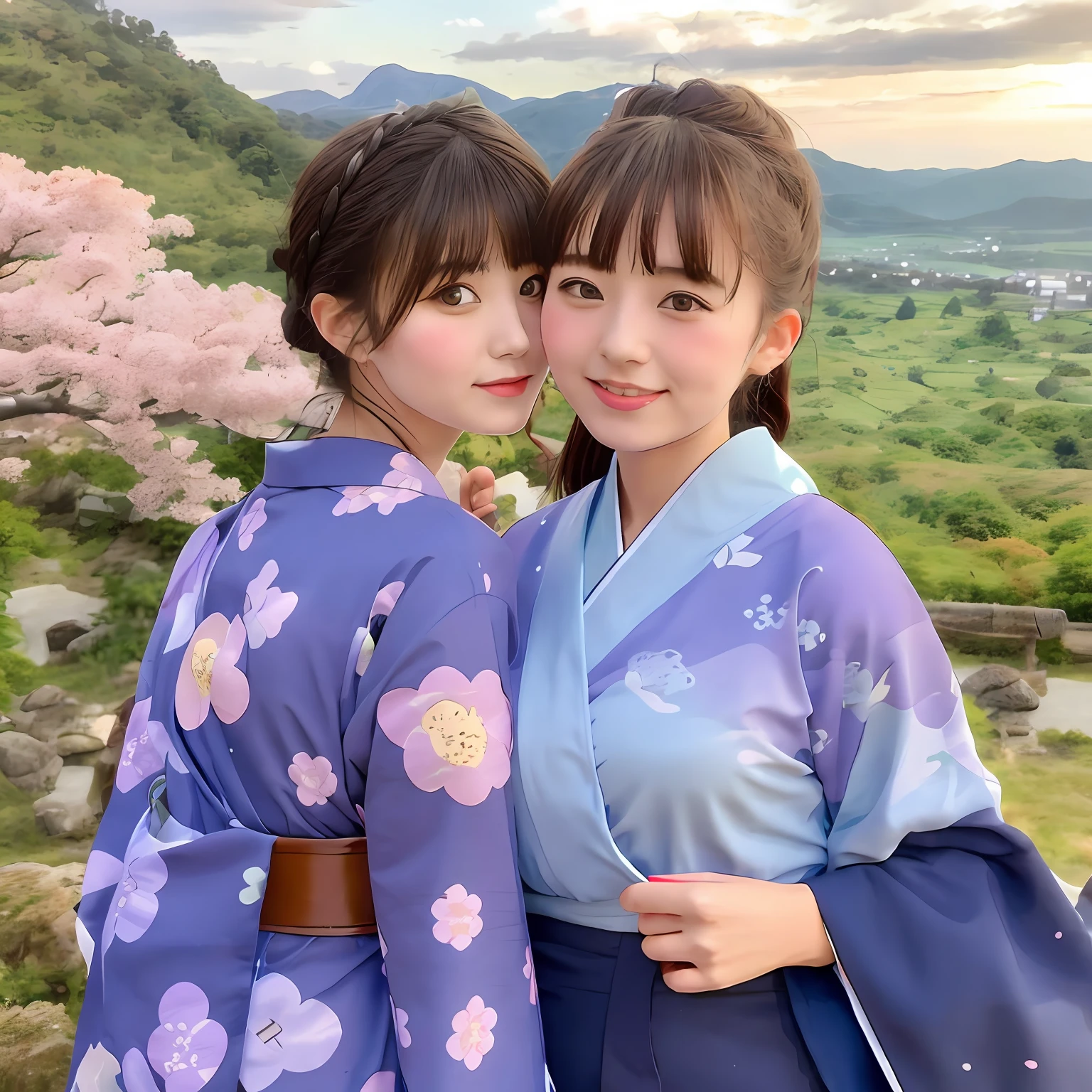 Japan young girl (N) in a blue kimono and a young Russian girl (M) in a purple kimono with lots of Sanrio characters printed on them are taking selfies in a rural village in Nara Prefecture, Japan. Japan girl (n) puts her hands on the waist of a Russian girl (m). Behind them are high mountains and blue skies, and in the distance you can see mountains and lush green fields. Japan girl (n) wears a blue kimono and a Russian girl (m) wears a purple kimono. Also, the Russian girl (m) wears round glasses, has brown hair and a rather face-length face, and above the eyes there are eyebrows.