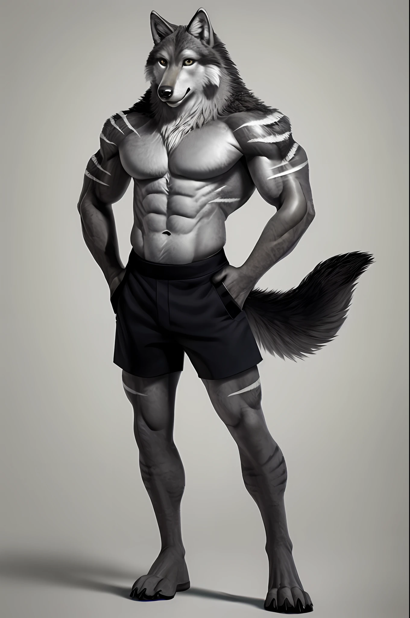 Anthropomorphic gray wolf, light gray chest, black shorts (with white stripes), posing showing an arm, a lot of muscle, gray coat color