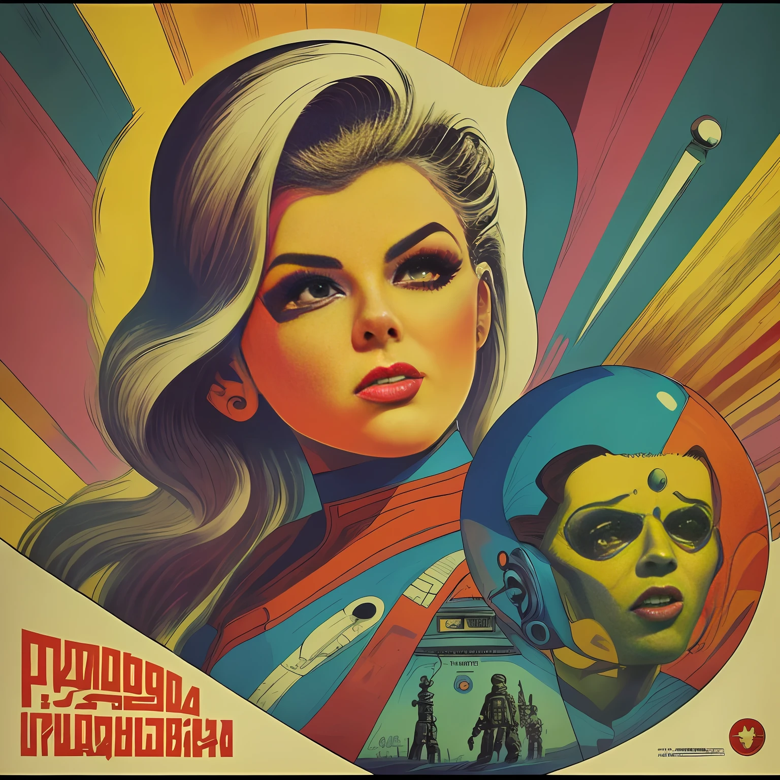 ((CCCP Poster, Soviet Poster)) , ((( a retro scifi ,vintage, pinup girl))) ,,,, [(((half  monster,,,,, half  girl)))] , propaganda Poster, poster, Poster design, poster art style. 1970s, 1950s, 1960s, basic colour scheme, Very colourful poster, colour art, thirds rule, inspiring, dynamic perspective