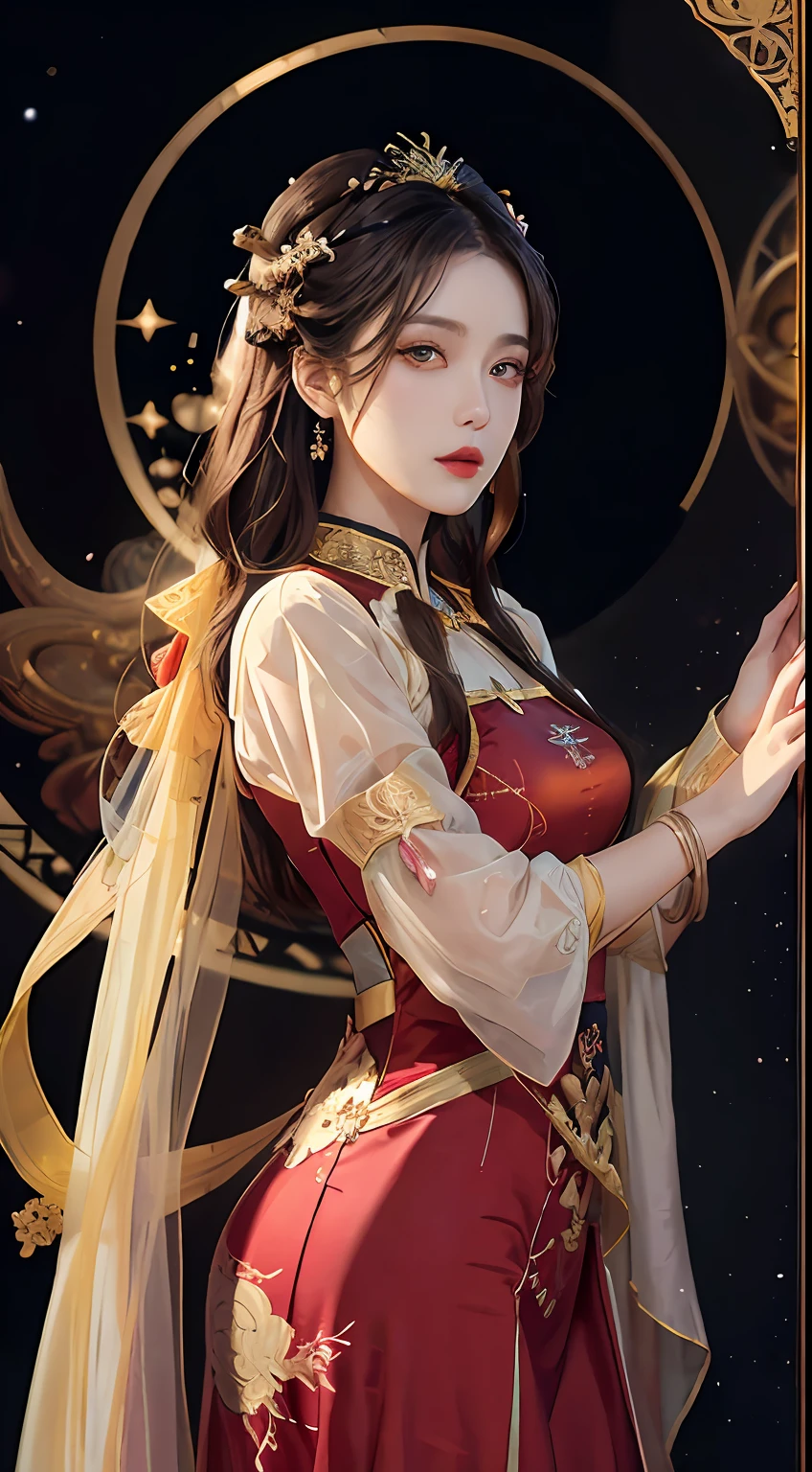 1 27-year-old girl, 1 zodiac goddess from the future, goddess of the pink and purple 12 zodiacs, the goddess of the zodiac in a yellow ao dai, a 12 zodiac ao dai with many black lace detail, mythology Goddess of the 12 zodiacs from the future, zodiac ♏, luxurious glittering zodiac style, dark and mysterious version, zodiac crown, lipstick lips red, thin and beautiful lips, Smile makes viewers fall in love, characters made by karol bak and pino daeni, intricate detail, detailed background, extremely detailed, light magic, a woman, clear face, look at the face of goddess zodialook at the zodiac goddess face, hair long with bangs, beautiful face in detail and well-proportioned eyes, (transparent yellow eyes: 1.8), big round eyes and very beautiful and detailed makeup, foresight, silk dress, mysterious makeup, double bangs and dyed light blonde, uper body, zodiac goddess uper body, arms hanging loosely, Realistic and vivid photo, (stars make up the zodiac: 1.7), (sky background zodiac and fictitious space and time portal: 1.8), fiction art, RAW photo, hanfu picture, best photo, best photo quality, 8k quality, 8k ultra, super realistic, real photo most economical, artistic portrait of goddess zodiac,