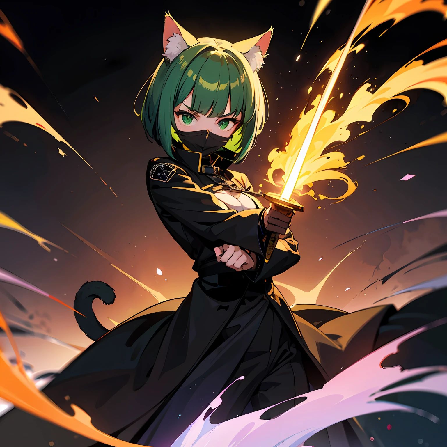 It is a detailed image of a cat girl wearing a black mask (short green bob hair, green eyes) confronting a huge evil. Mask and ear design: The mask has silver or gold decorations on a black background with embroidered or printed sharp cat eye shapes. The ears faithfully reproduce the shape of a cat's ears and are shiny with black coat. Costumes and Poses: The cat girl wears a black uniform with the words "Justice Cat" on her chest. The uniform has a slim and simple design, and the material is a lightweight but sturdy and elastic fabric. The cat girl stands in an action-filled pose and holds a weapon (e.g. bowgun or sword) in one hand. Background and Effects: The background of the illustration shows a glowing cityscape in the dark. The light of the street lamps and the neon signs of the buildings illuminate the cat girl and the big evil. In addition, around the cat girl, effects like flames and electric shocks are staged to emphasize her strength and fighting ability --auto