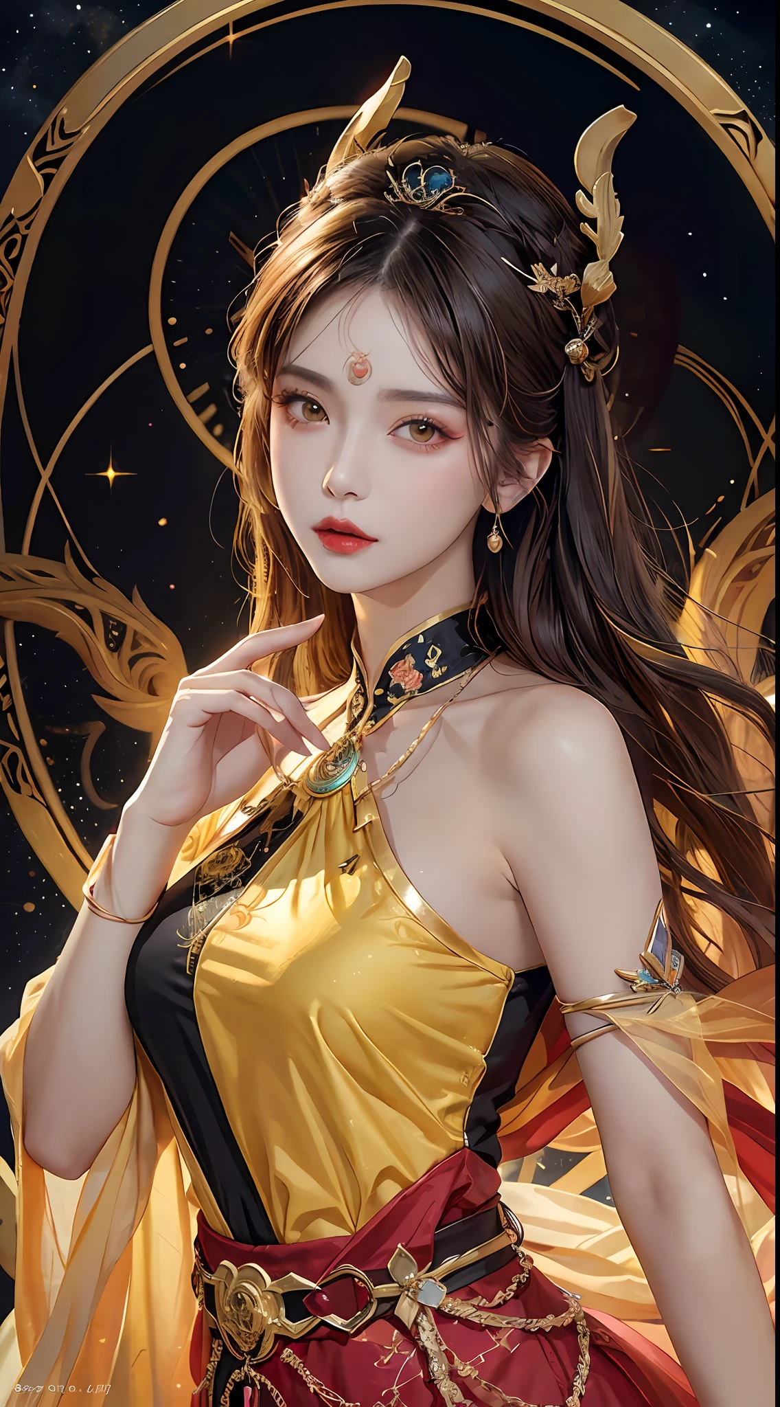1 27-year-old girl, 1 zodiac goddess from the future, goddess of the pink and purple 12 zodiacs, the goddess of the zodiac in a yellow ao dai, a 12 zodiac ao dai with many black lace detail, mythology Goddess of the 12 zodiacs from the future, zodiac ♏, luxurious glittering zodiac style, dark and mysterious version, zodiac crown, lipstick lips red, thin and beautiful lips, Smile makes viewers fall in love, characters made by karol bak and pino daeni, intricate detail, detailed background, extremely detailed, light magic, a woman, clear face, look at the face of goddess zodialook at the zodiac goddess face, hair long with bangs, beautiful face in detail and well-proportioned eyes, (transparent yellow eyes: 1.8), big round eyes and very beautiful and detailed makeup, foresight, silk dress, mysterious makeup, double bangs and dyed light blonde, uper body, zodiac goddess uper body, arms hanging loosely, Realistic and vivid photo, (stars make up the zodiac: 1.7), (sky background zodiac and fictitious space and time portal: 1.8), fiction art, RAW photo, hanfu picture, best photo, best photo quality, 8k quality, 8k ultra, super realistic, real photo most economical, artistic portrait of goddess zodiac,