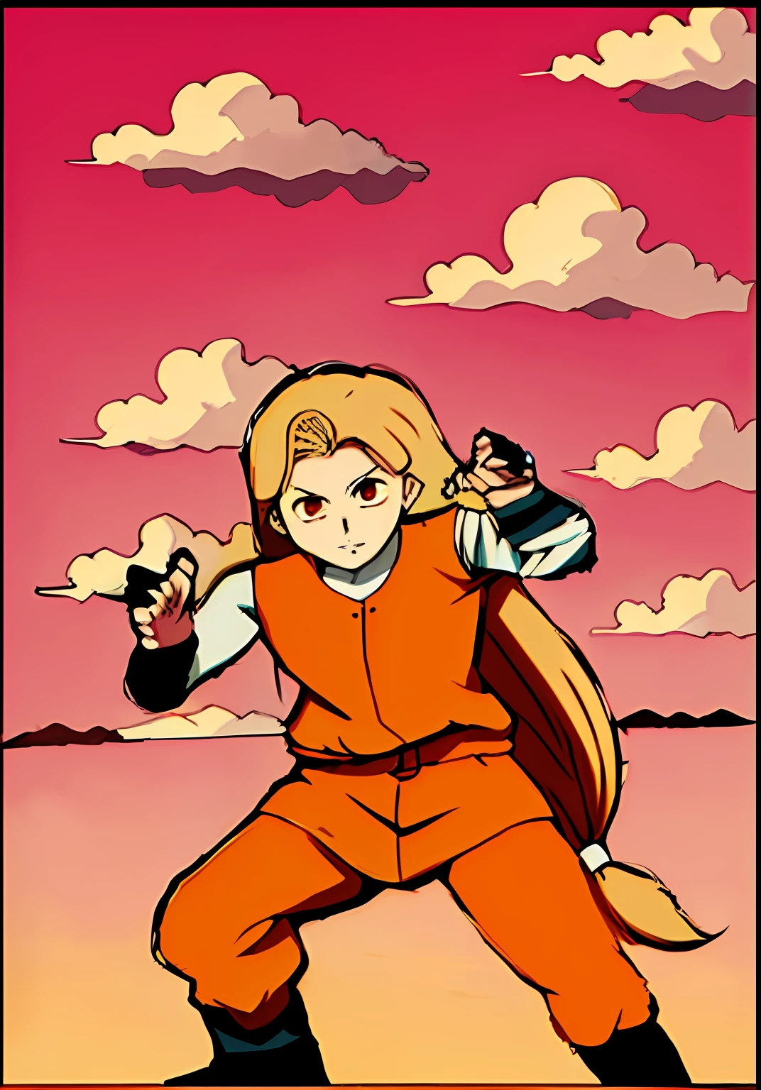 ANIME-STYLE ART A FIGHTER WITH LONG BLONDE HAIR, ORANGE OUTFIT BROWN EYES, SKY BACKGROUND WITH CLOUDS