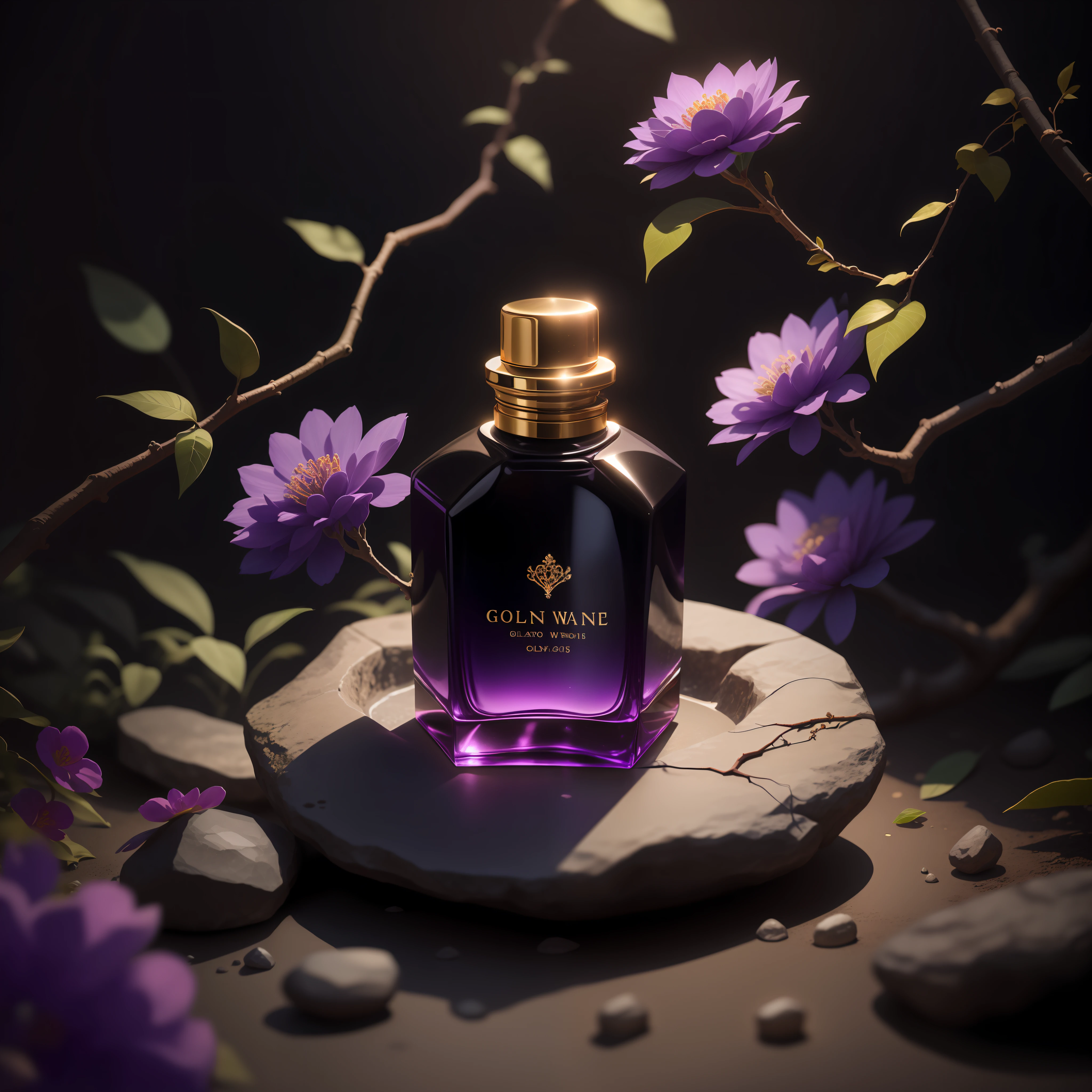Photography, purple theme, beautiful luxury black bottle of perfume with golden cap on polished rocks, thin branches of plants in the background, shallow depth of field, off white setting, peaceful environment, Studio lighting --iw 1 50 --v 5.2 --s 2