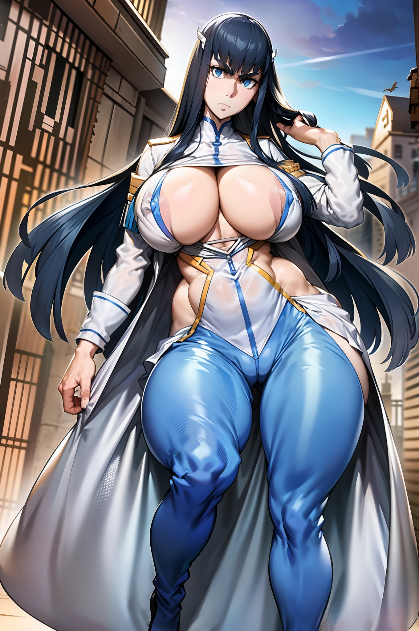 Satsuki Kiryuin, Satsuki Kiryuin from Kill-la-Kill, big breasts, voluminous breasts, curvy breasts, mesh stockings, standing with a katana, full height, bottom view, best quality, very detailed, ultra 8k resolution,huge breast, coat , vest, long skirt, portrait, full body, victorias clothing, long dress, knight, pants, black skinn suit, medieval city, plants, vest,polo shirt, forest, long skirt