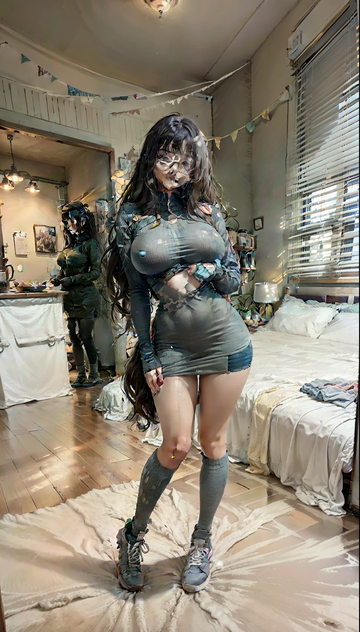 1girl, Hinata naruto, big boobs, light gray clothes, long navy hair