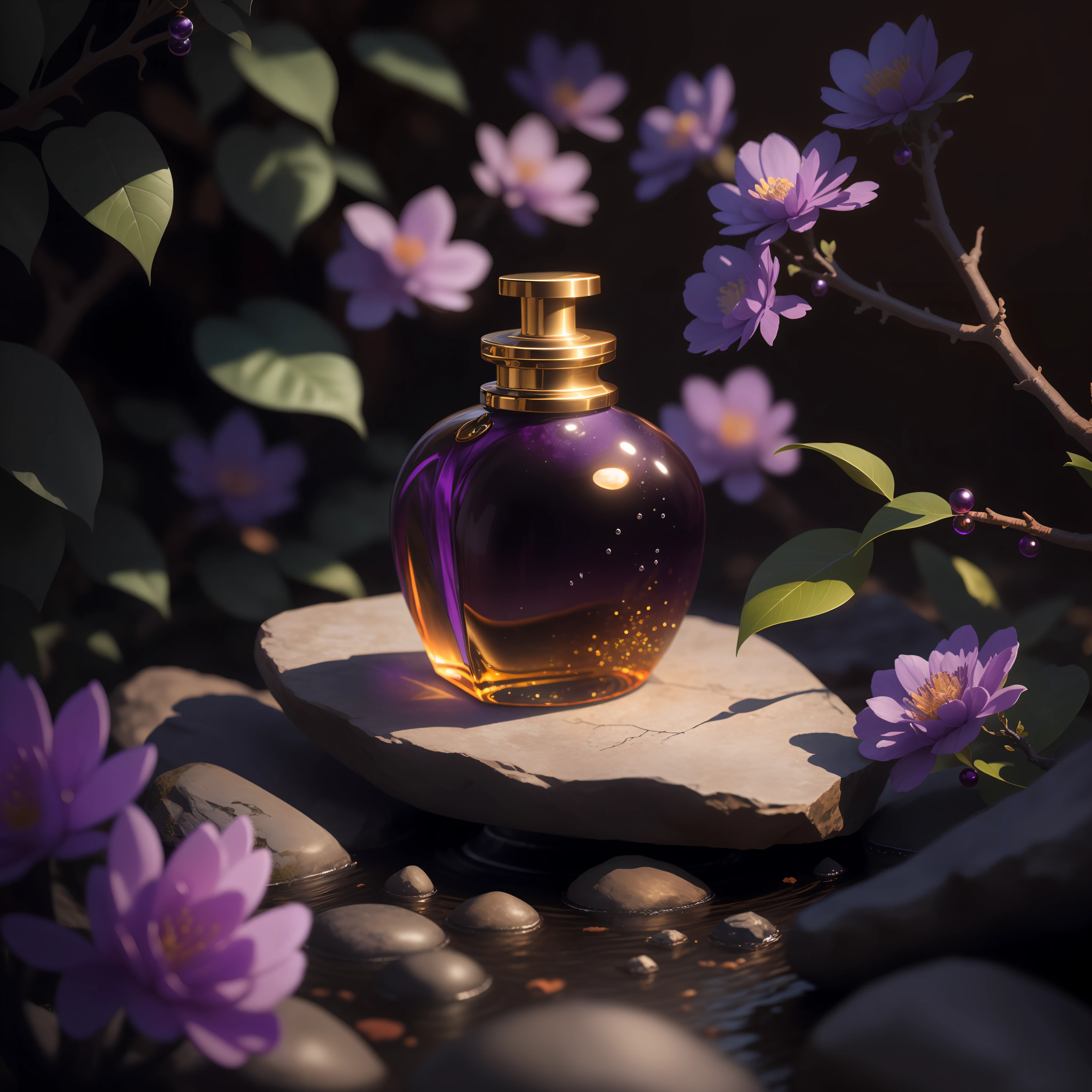Photography, purple theme, beautiful luxury black bottle of perfume with golden cap on polished rocks, thin branches of plants in the background, shallow depth of field, off white setting, peaceful environment, Studio lighting --iw 1 50 --v 5.2 --s 2