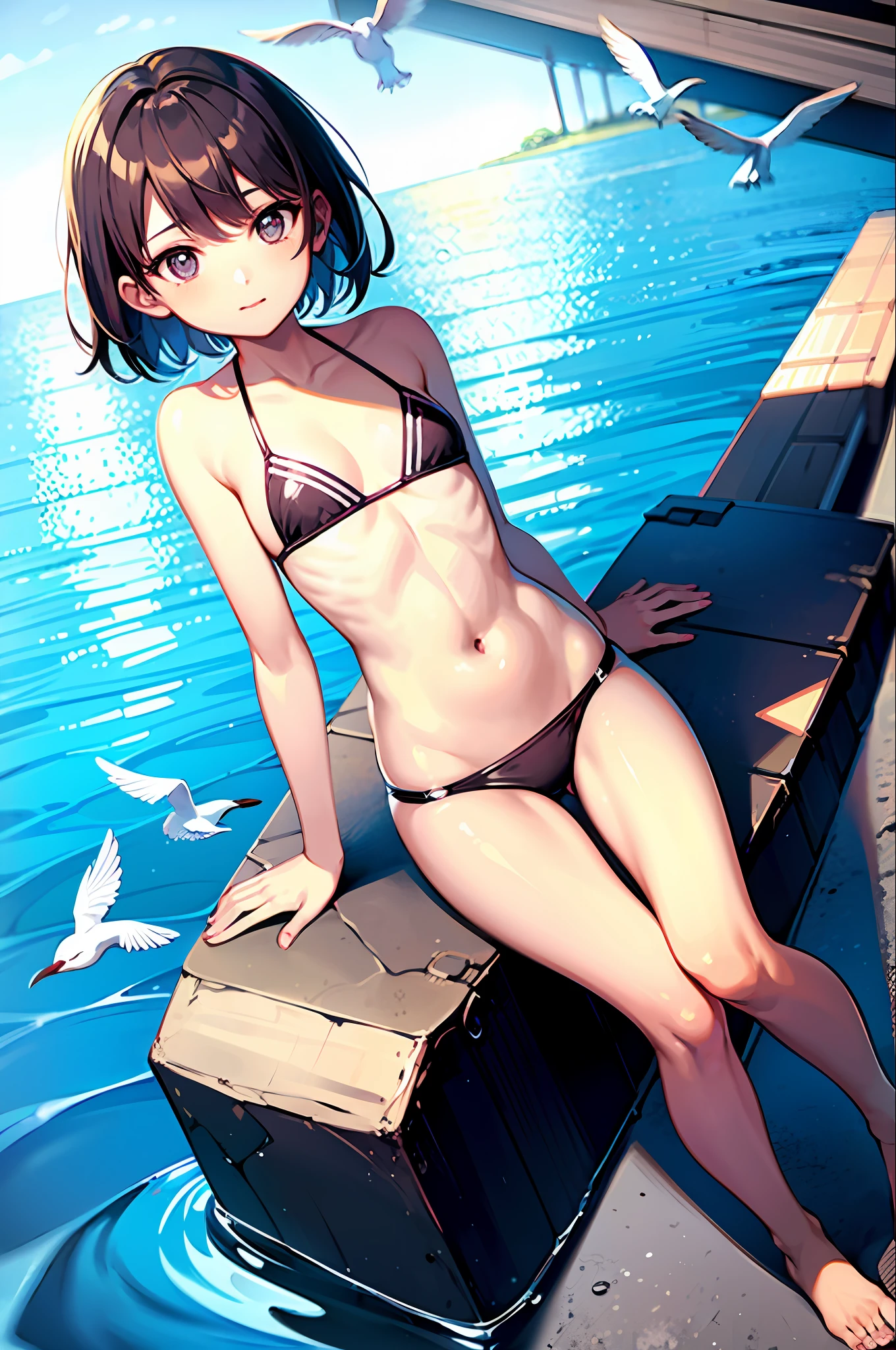 1girl, li, ocean, bikini, urine, seagull, flat chest, blue hair, high quality, high resolution