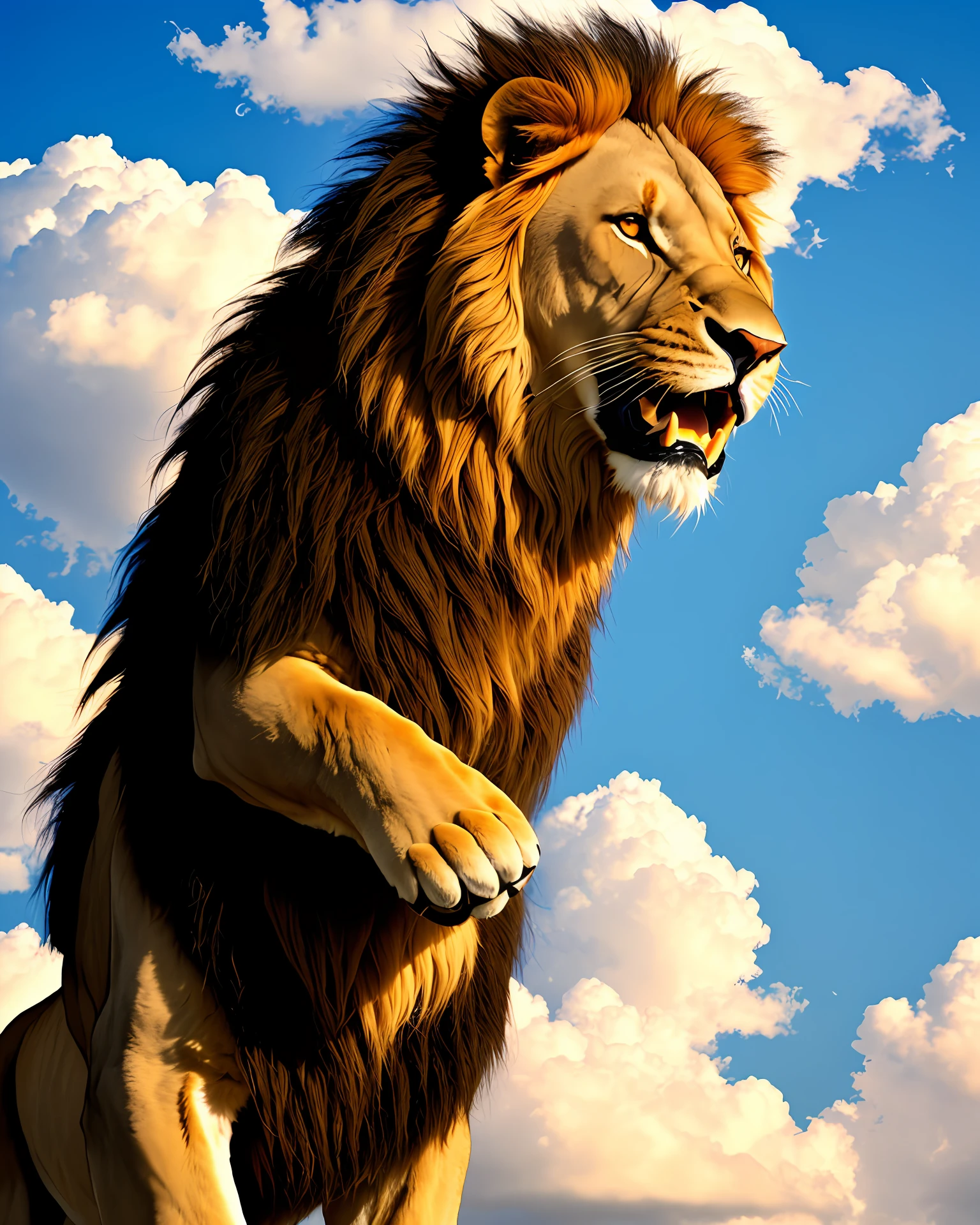 big lion roaring among the clouds in the sky.