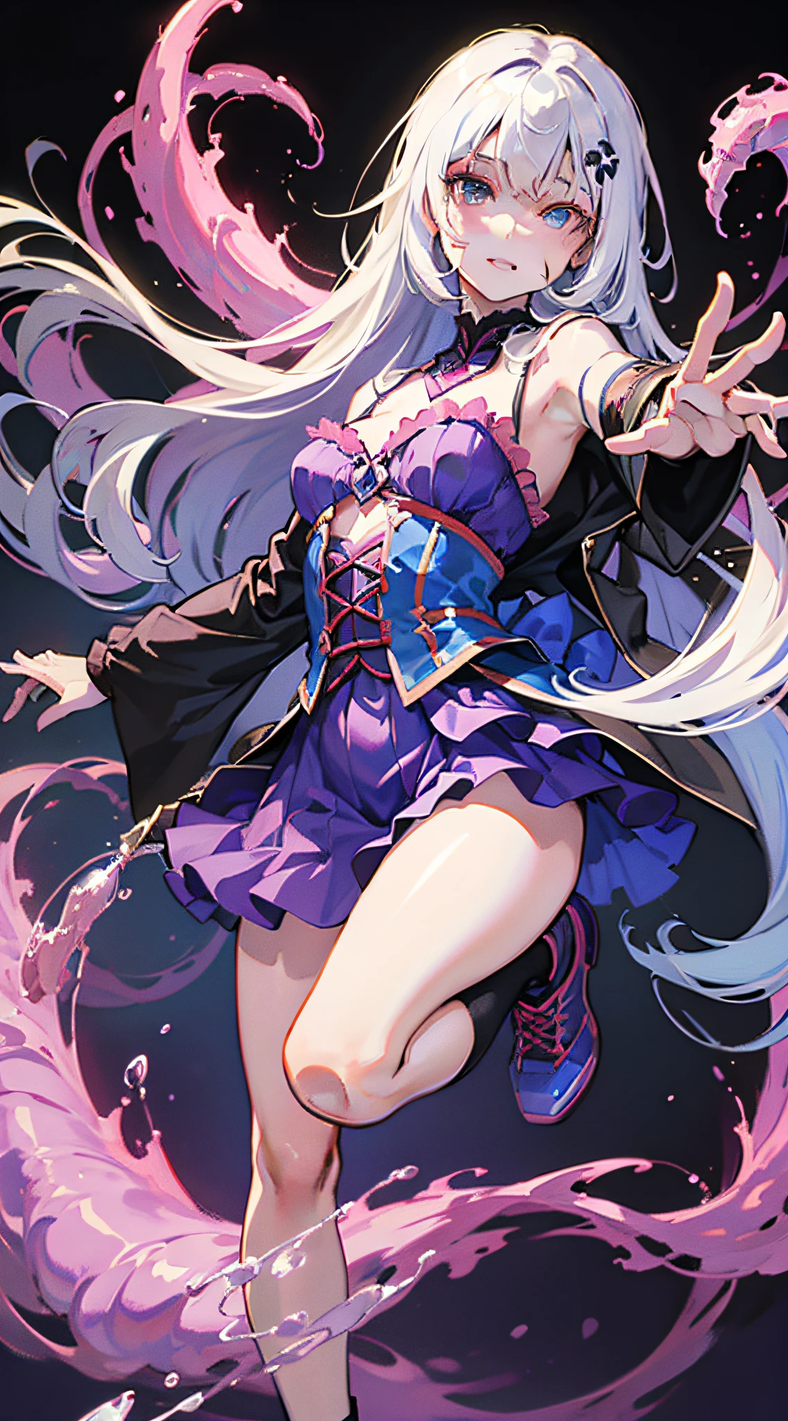 (Beautiful illustrations, highest quality, ultra-realistic), masterpiece, best_quality, concept_art, 1 girl, solo, , necromancer, white_hair, long_jacket, purple_eyes, purple_liquid, wand, partly_bangs, hair_between_eyes, sneakers, black_legwear, (tentacles, Skull, nightmare, flouting_eyeballs, blood)), mechanical, fine facial features,