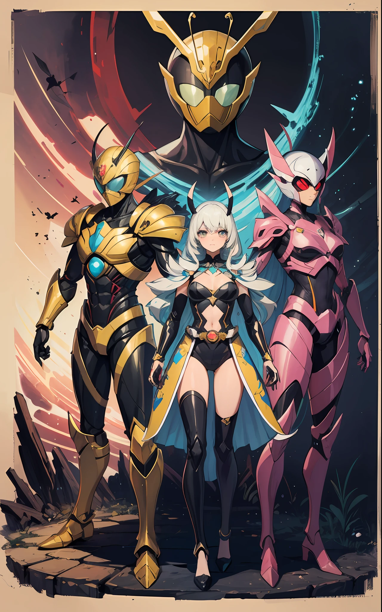 Character design three-view painting, armor man, science fiction, humanoid creatures based on Dynastinae and Kamen Rider, beetle shells, compound eyes, extremely elaborate complex shapes