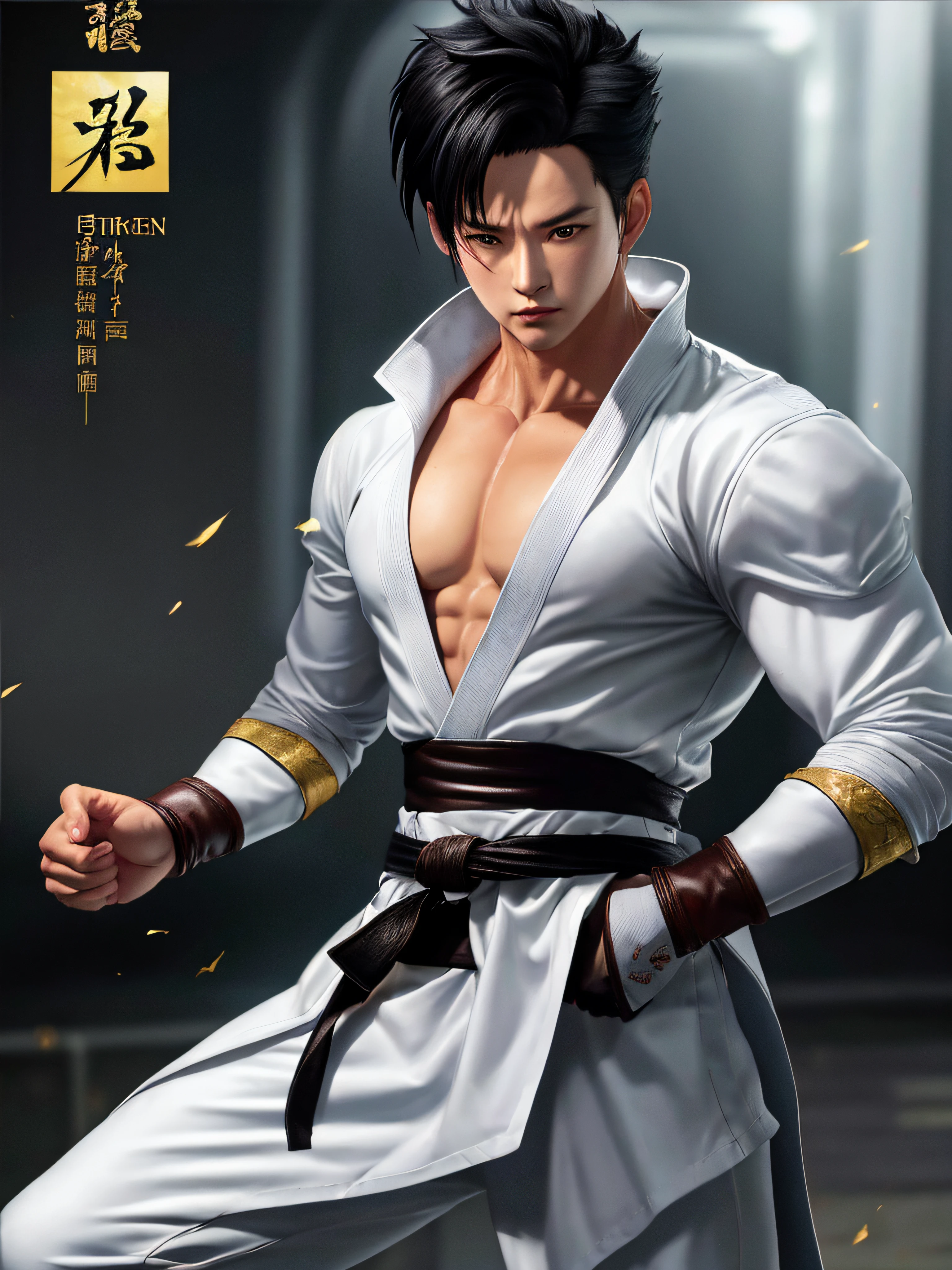 a close up of a man in a white shirt and brown belt, as a character in tekken, fighting game character, character from king of fighters, inspired by Zhao Mengfu, zhao yun, by Dai Jin, by Yang Jin, shinkiro toshiaki mori, g liulian art style, high detailed official artwork, jin shan, official art