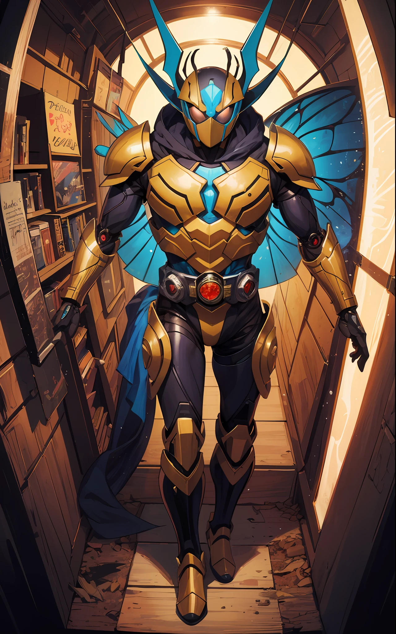 Character design three-view painting, armor man, science fiction, humanoid creatures based on Dynastinae and Kamen Rider, beetle shells, compound eyes, extremely elaborate complex shapes