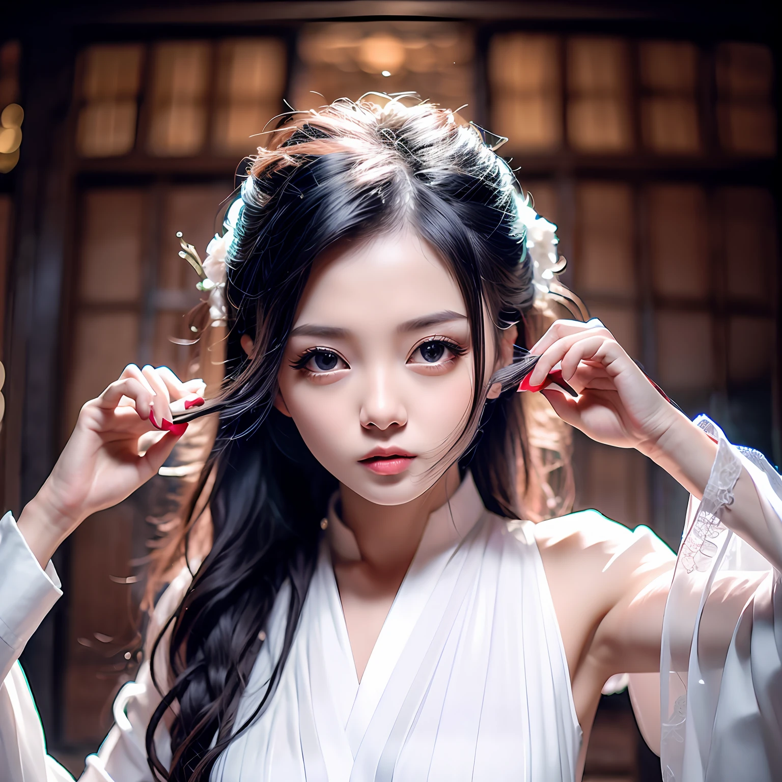 ((high quality photography, masterpiece, amazing details)), ghost style, mysterious girl, long dark hair, flowing white dress, enchanted forest, fog, soft light, magical aura. --auto